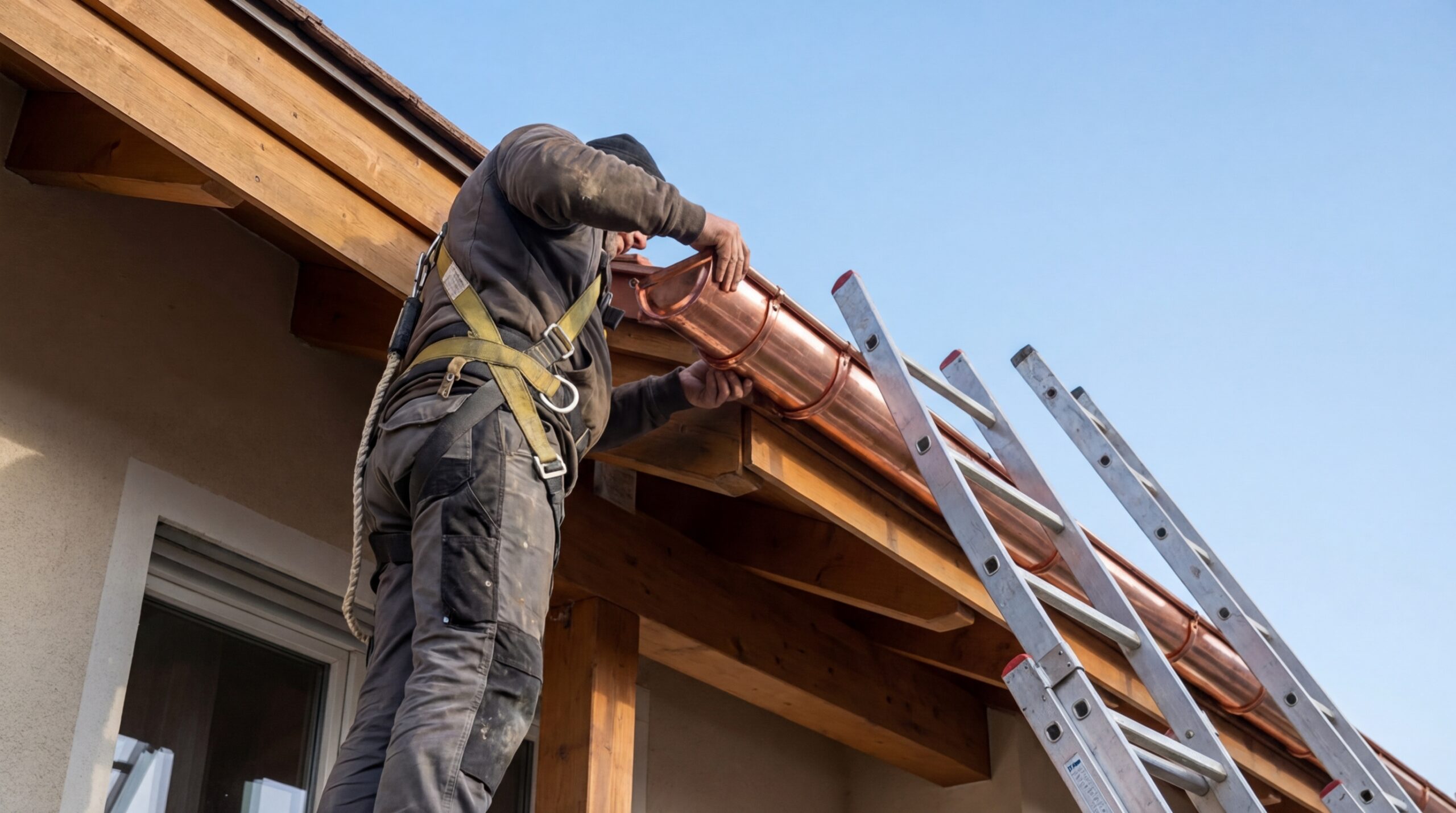 Spengler montiert eine halbrunde Dachrinne mit Rinnenhaltern am Dachrand