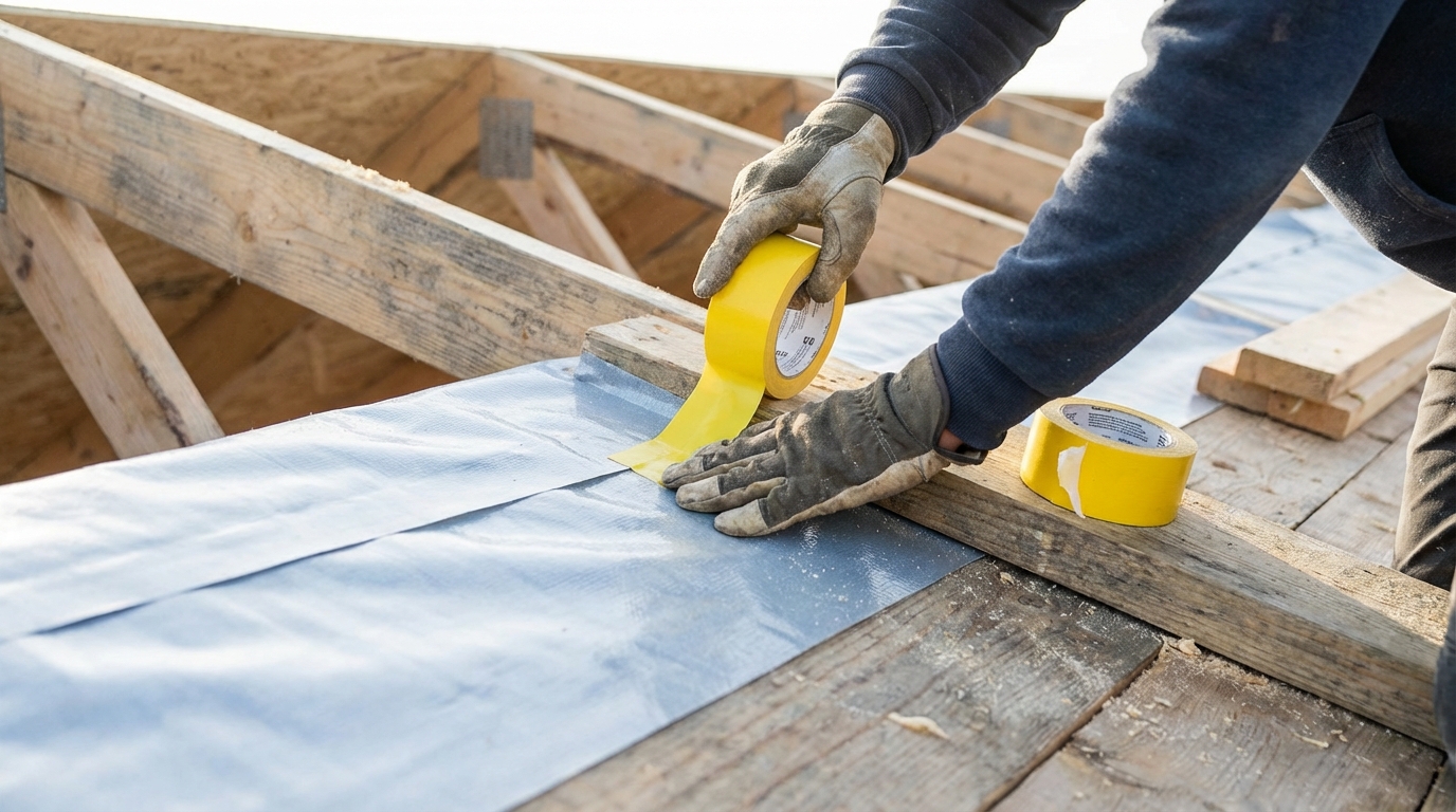 Dampfbremsfolie fachgerecht mit Klebeband an den Nahtstellen verkleben