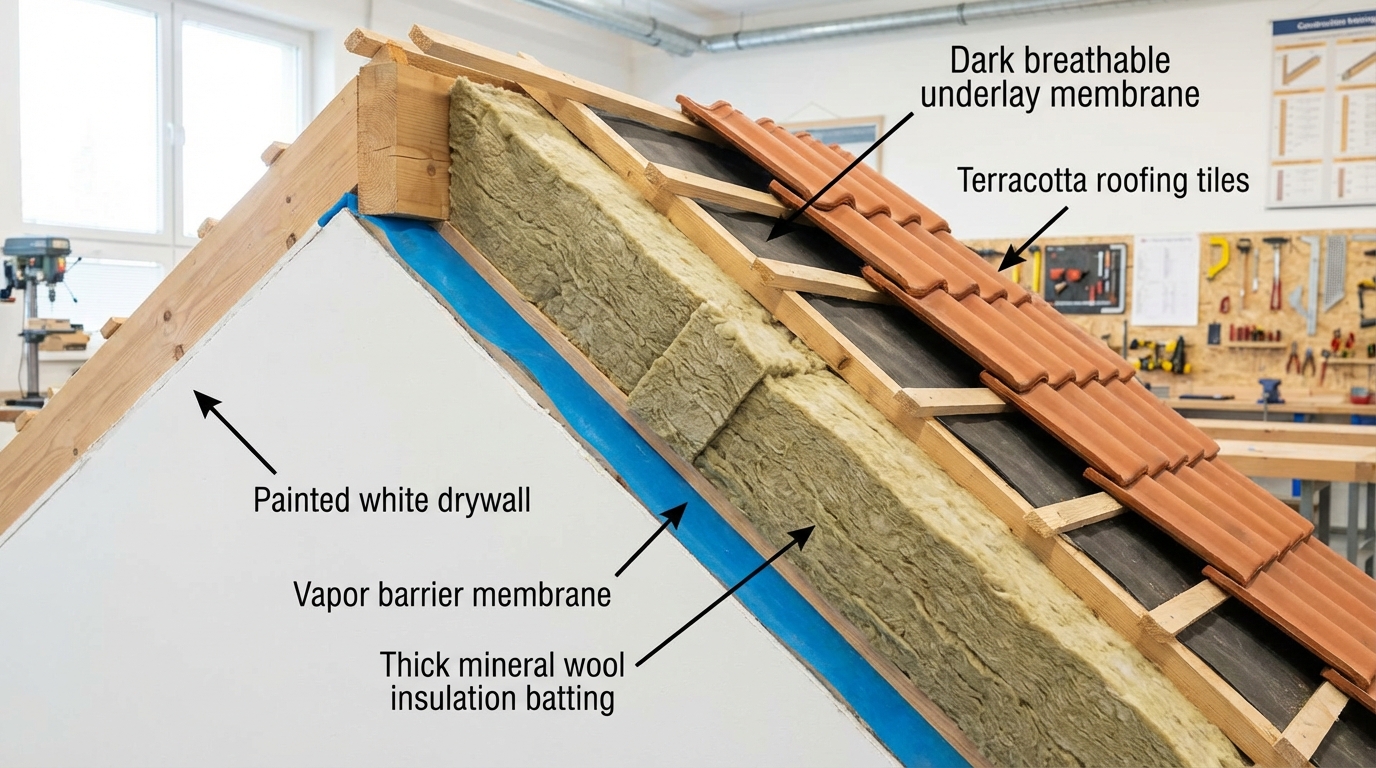 Schichtaufbau einer gedämmten Dachkonstruktion mit Dampfbremse