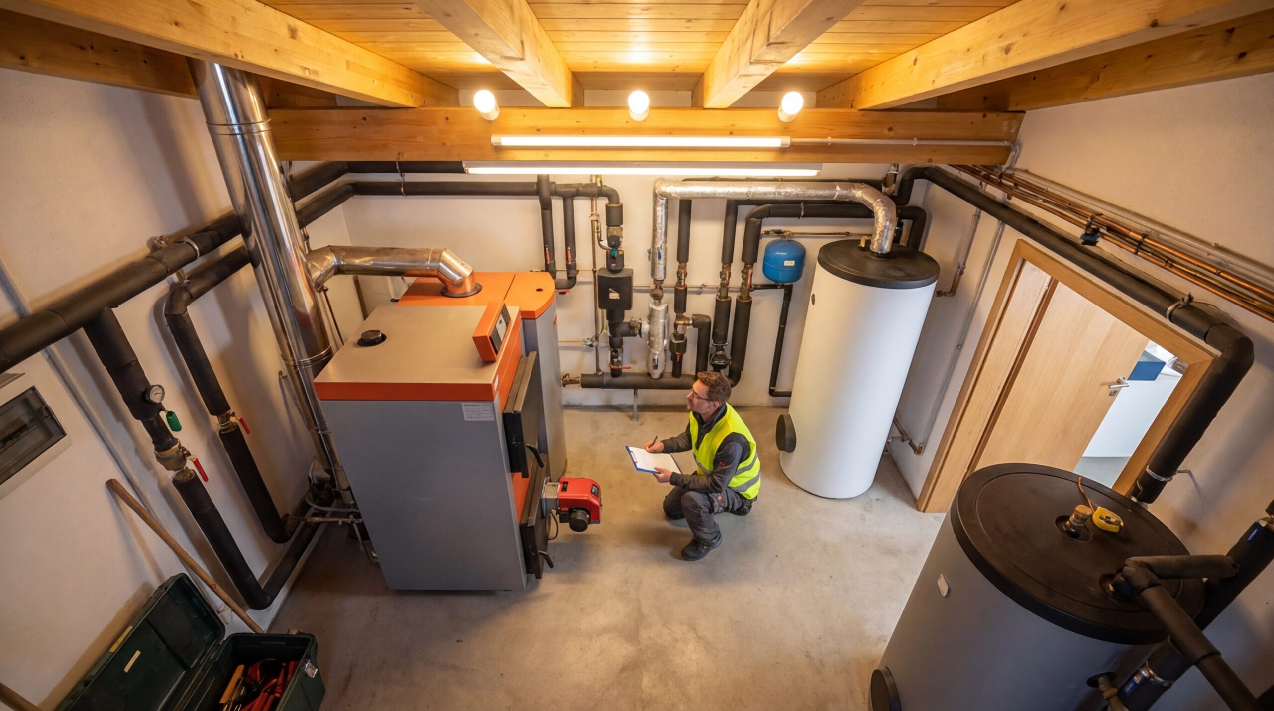 Energieberater bei der Begutachtung einer Heizungsanlage fuer den Energieausweis