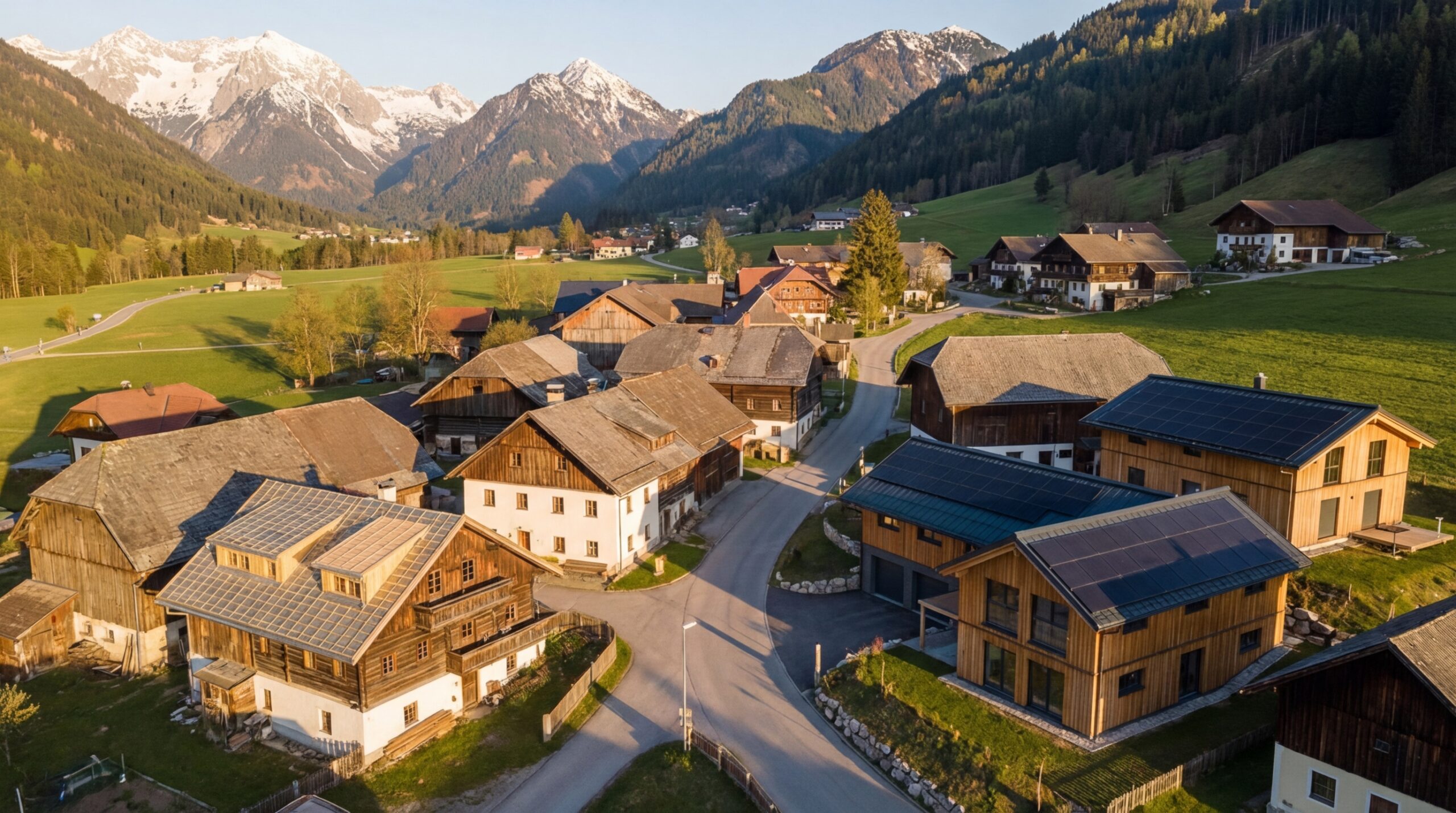 Oesterreichische Wohnsiedlung mit unterschiedlichen Energieeffizienzstandards