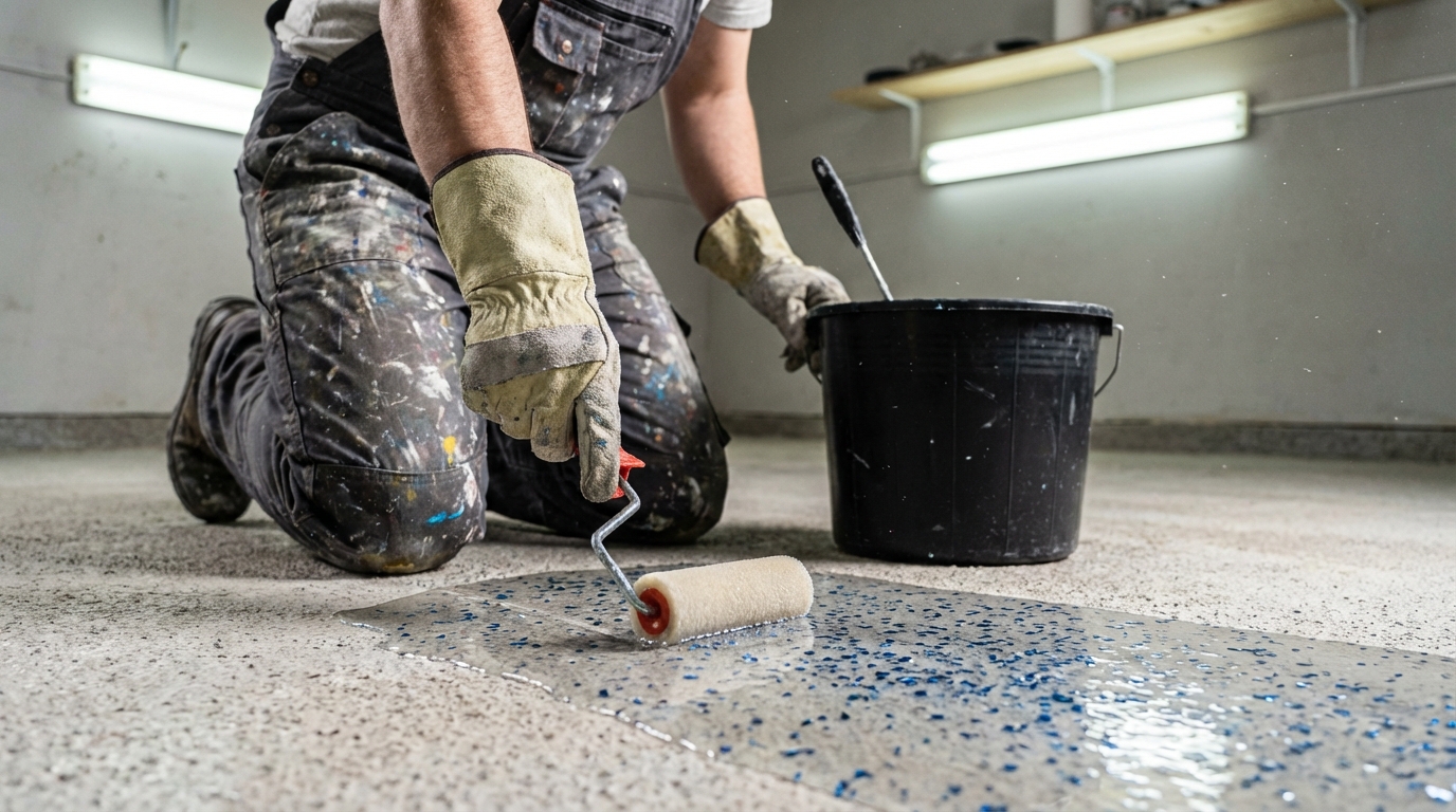 Epoxidharz-Bodenbeschichtung mit Rolle auf Betonboden auftragen