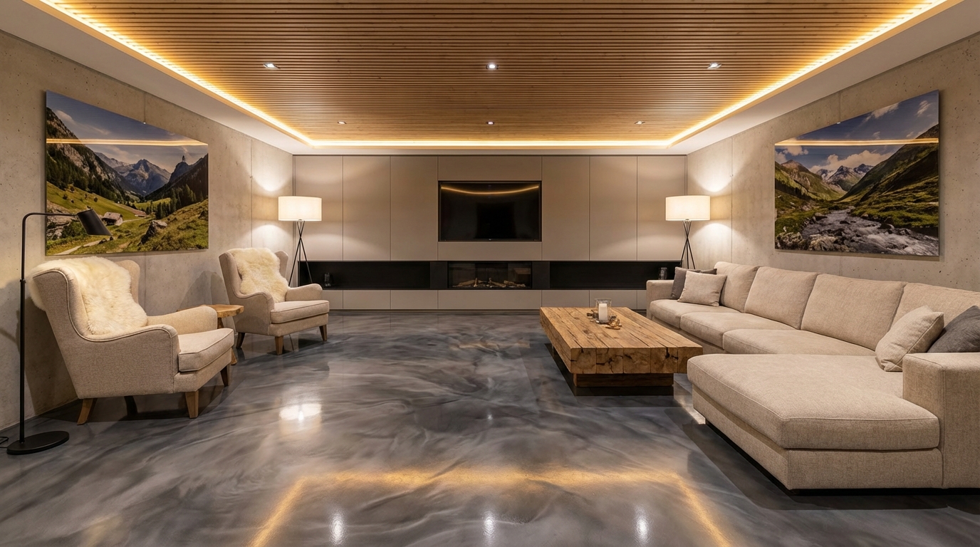 Moderner Kellerraum mit dekorativer Epoxidharz-Beschichtung als Designboden