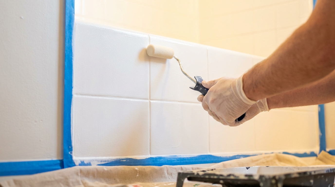 Fliesenlack wird mit einer Schaumstoffrolle gleichmäßig auf Wandfliesen aufgetragen