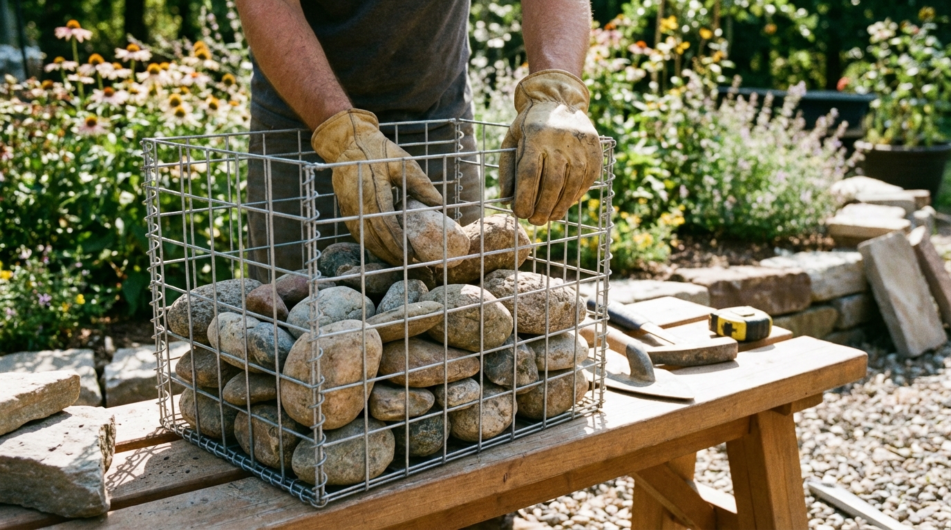 Gabionenkörbe von Hand mit Natursteinen befüllen