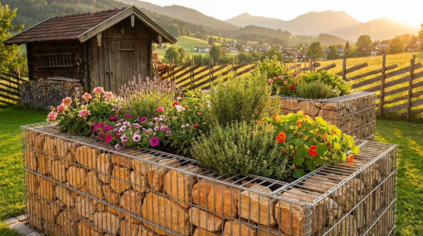 Gabionen-Hochbeet bepflanzt mit Blumen und Kräutern im Garten
