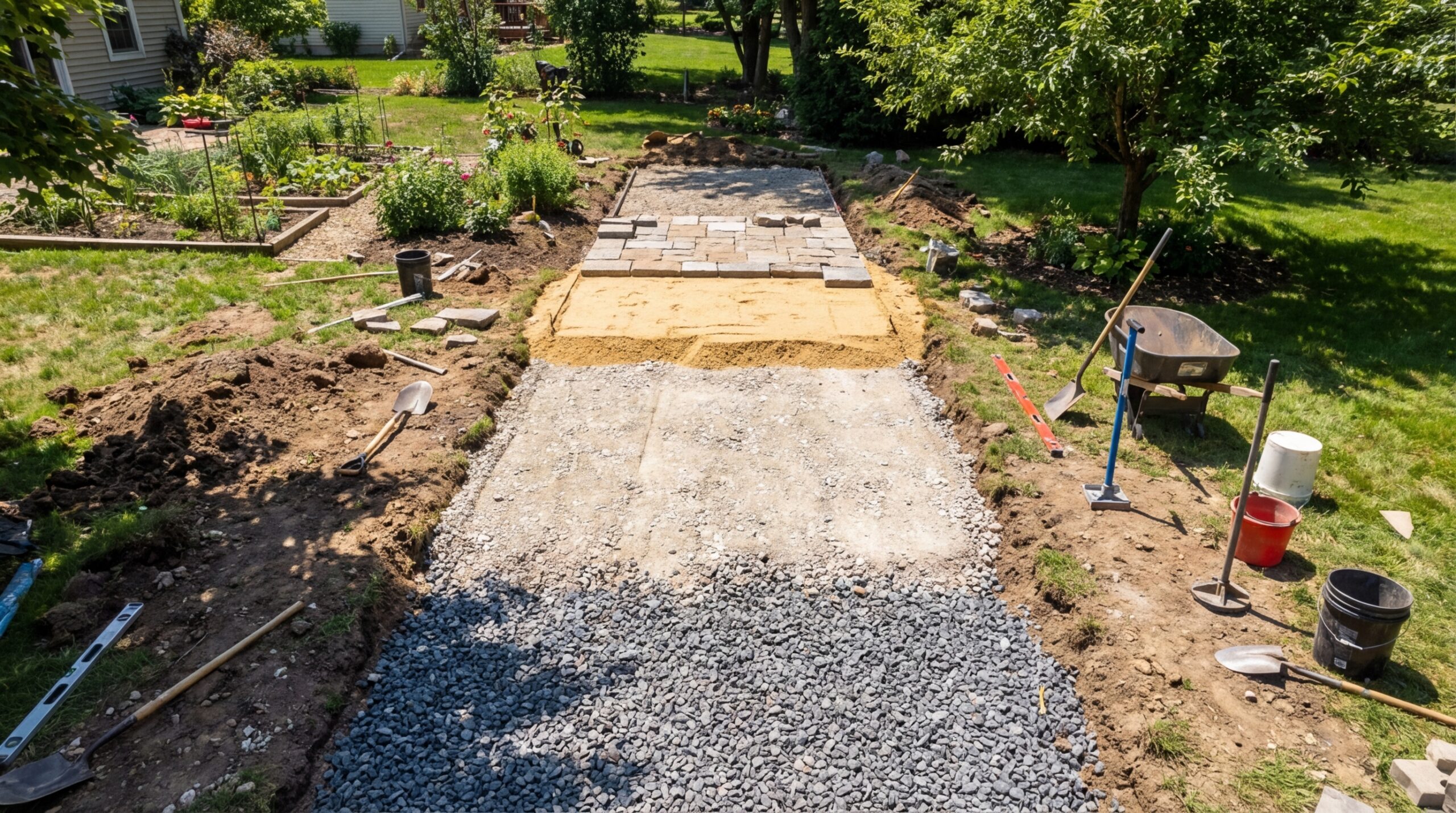 Querschnitt durch den Unterbau eines Gartenwegs mit Schotter, Tragschicht und Splittbett
