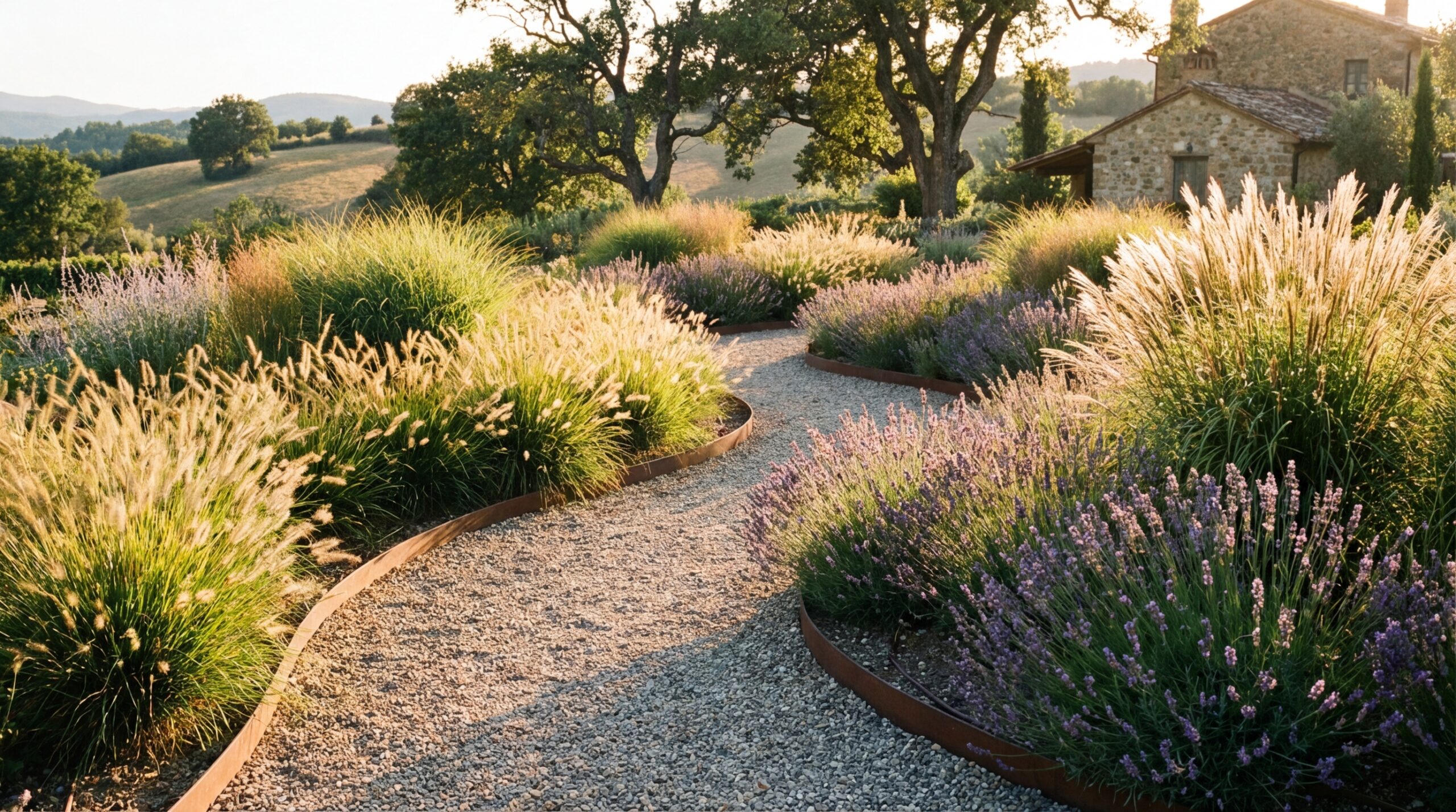 Kiesweg mit Metalleinfassung durch einen bepflanzten Garten