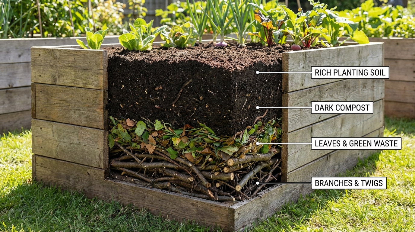 Schichtaufbau eines Hochbeets mit vier Lagen von Ästen bis Pflanzerde