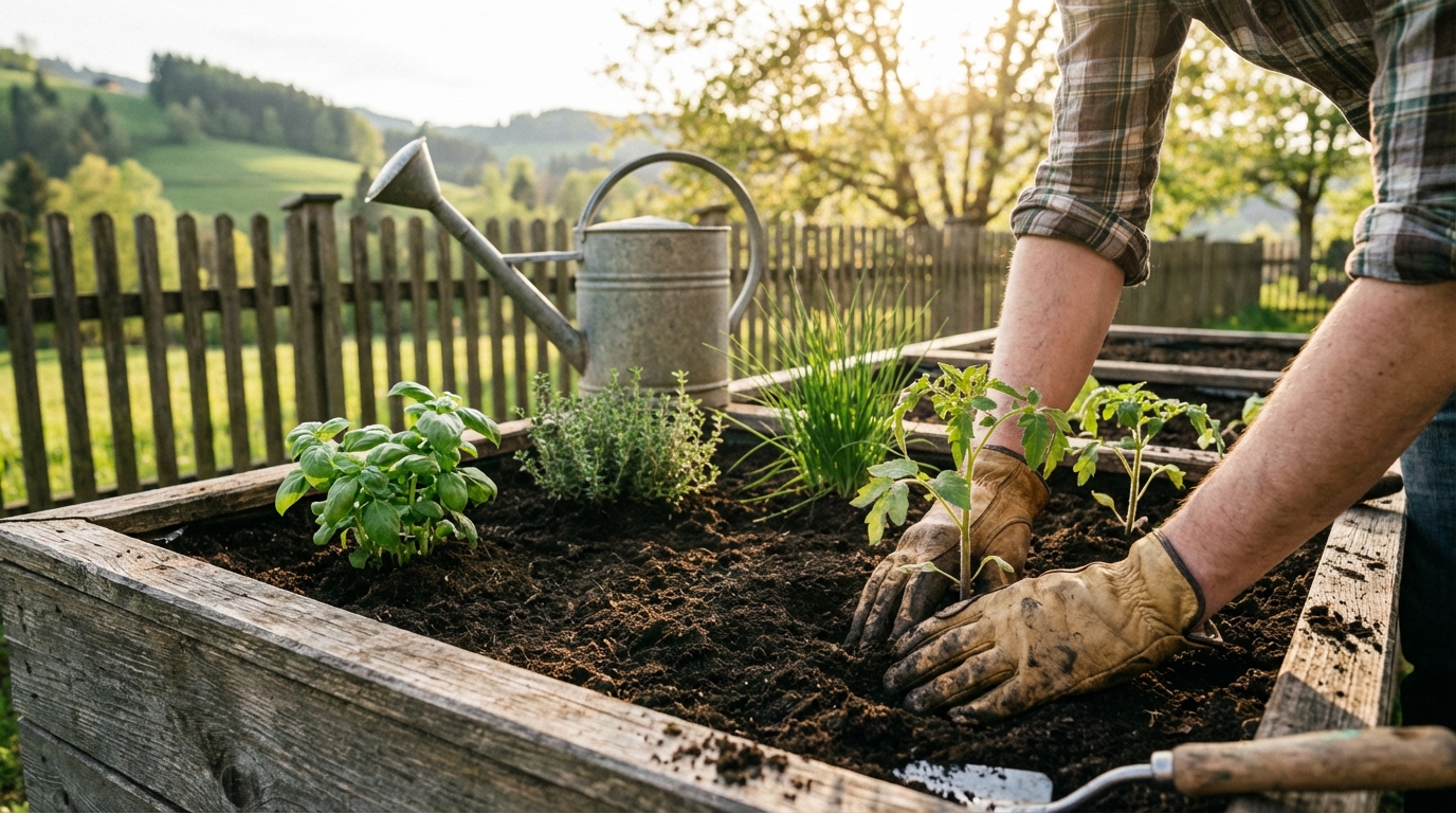 Tomatensetzlinge werden in ein frisch befülltes Hochbeet gepflanzt
