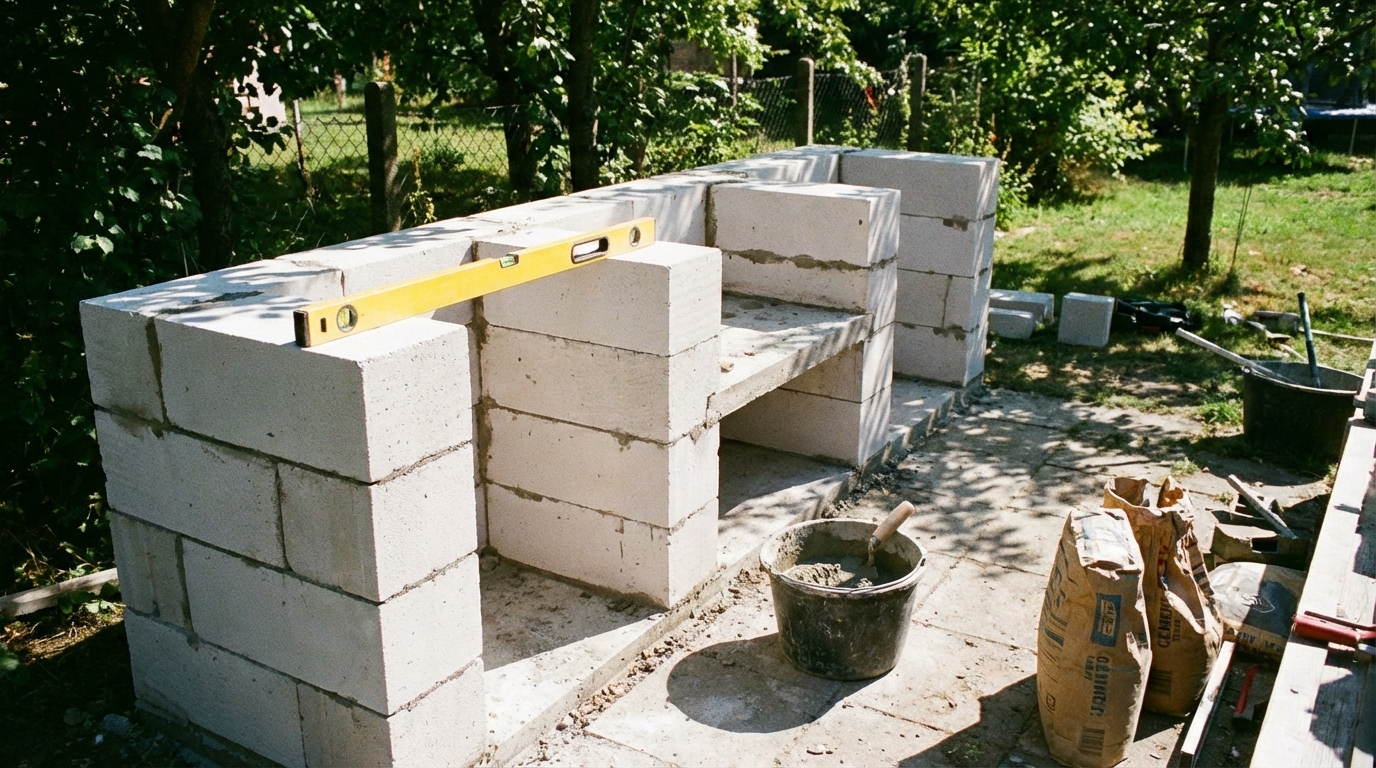 Outdoor-Küche aus Porenbetonsteinen wird Reihe für Reihe aufgemauert