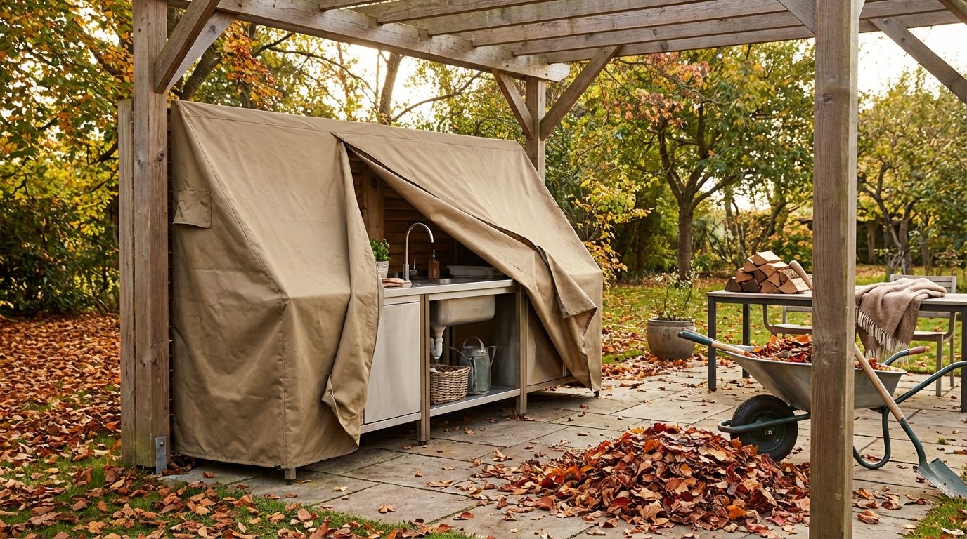 Outdoor-Küche mit atmungsaktiver Schutzhülle für den Winter vorbereitet