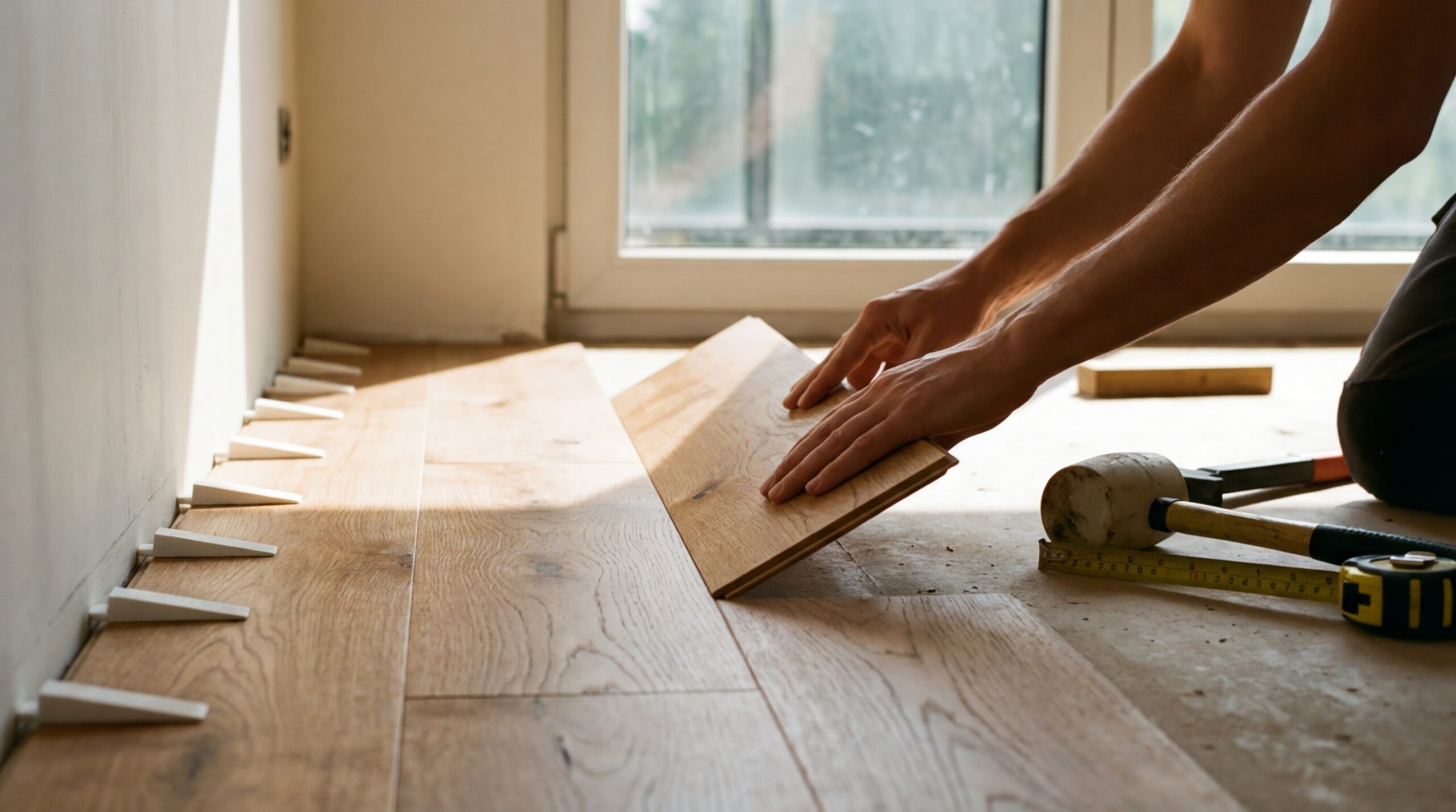 Klickparkett wird Reihe für Reihe eingewinkelt und eingerastet