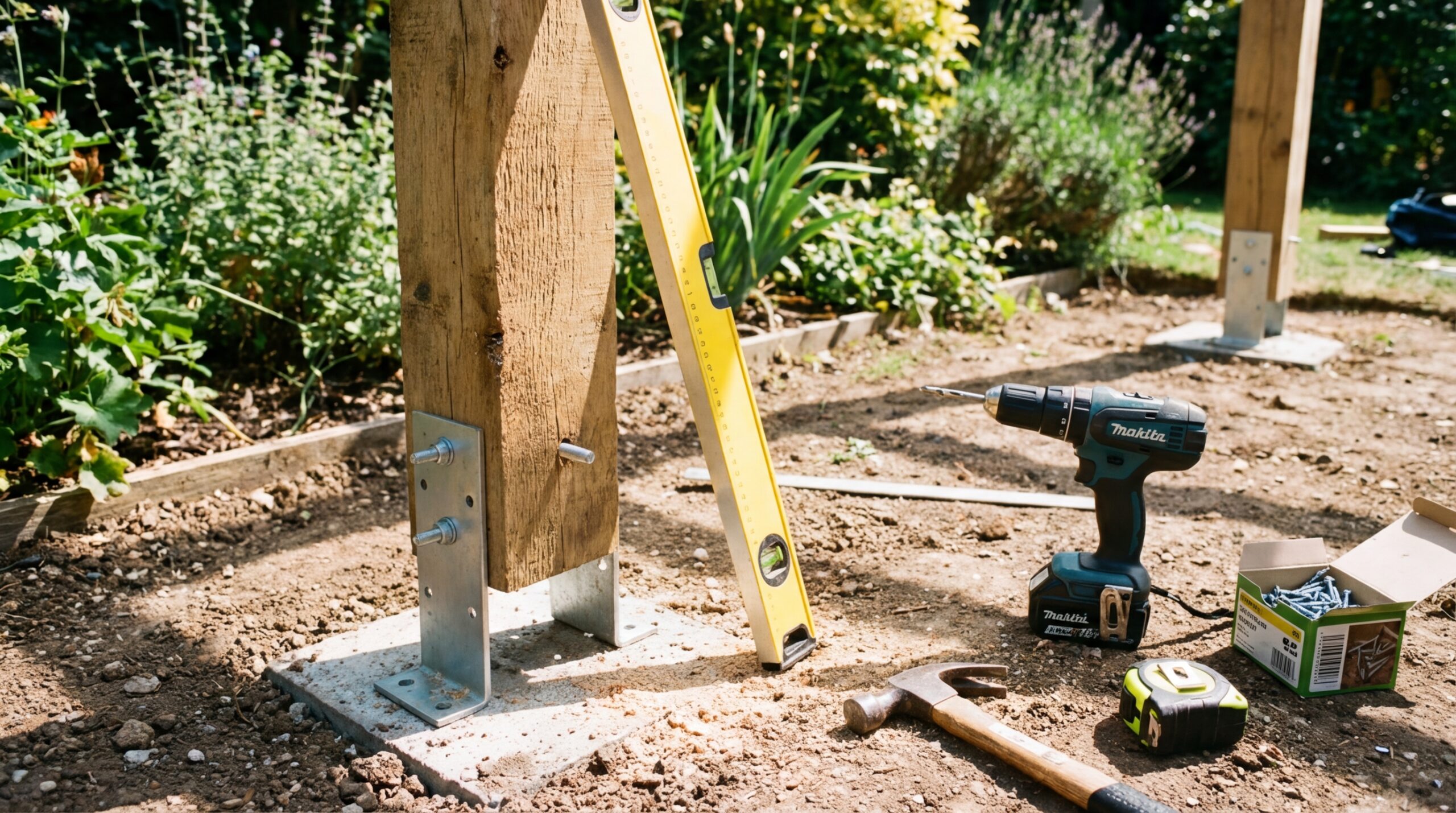 Pergola-Pfosten wird in H-Anker auf Betonfundament montiert