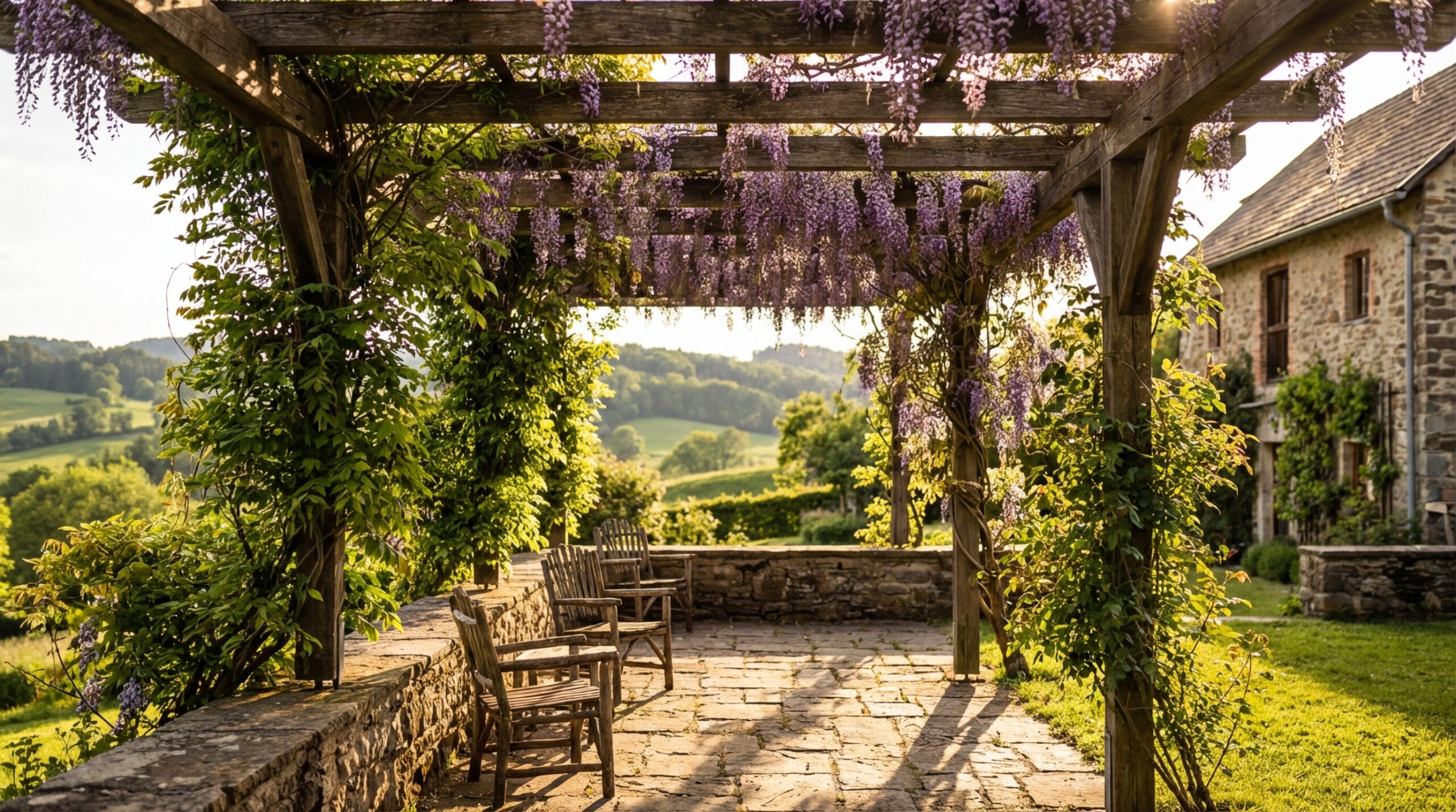 Pergola mit blühendem Blauregen und Kletterpflanzen bewachsen