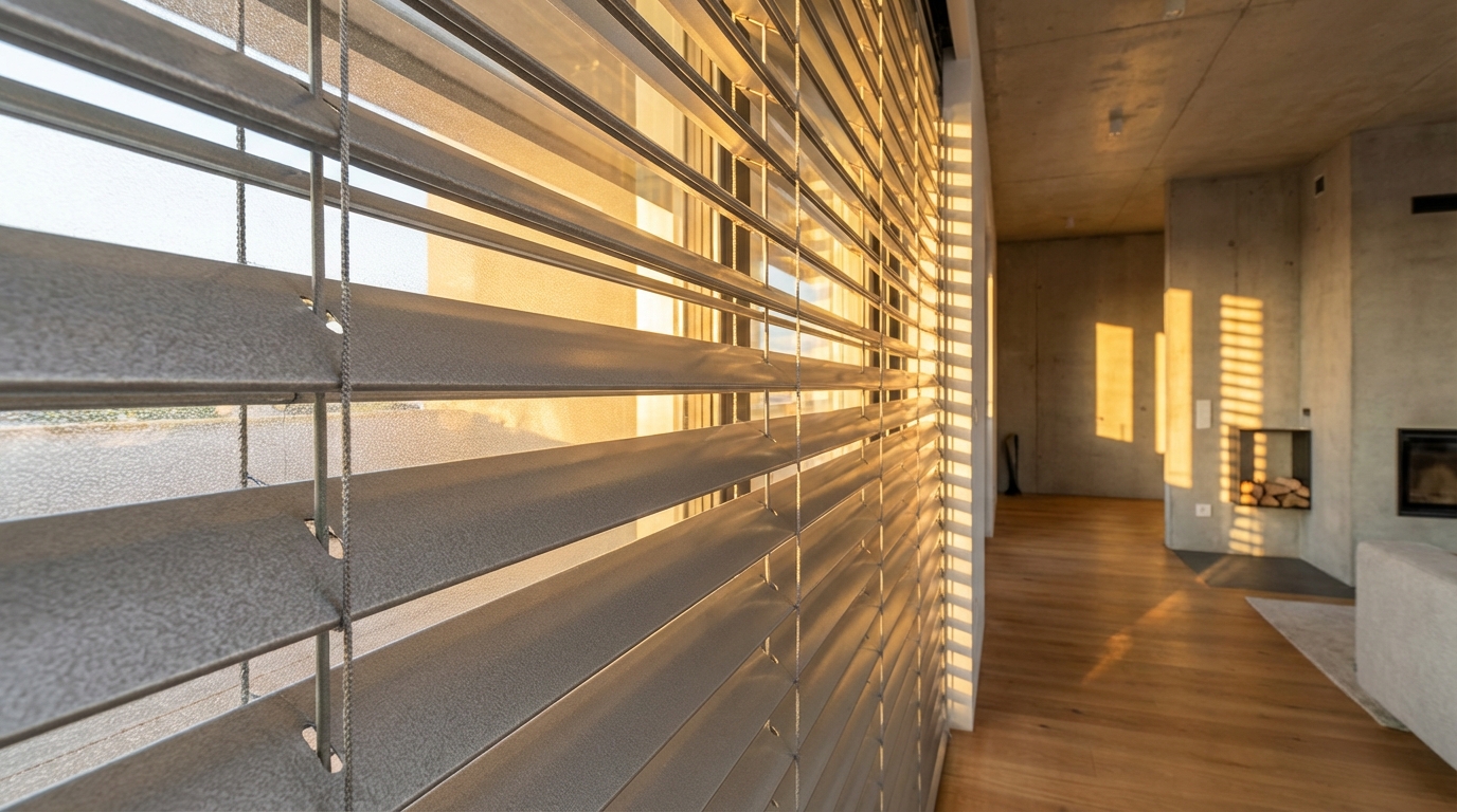 Raffstore-Lamellen in verschiedenen Neigungswinkeln zur Lichtsteuerung