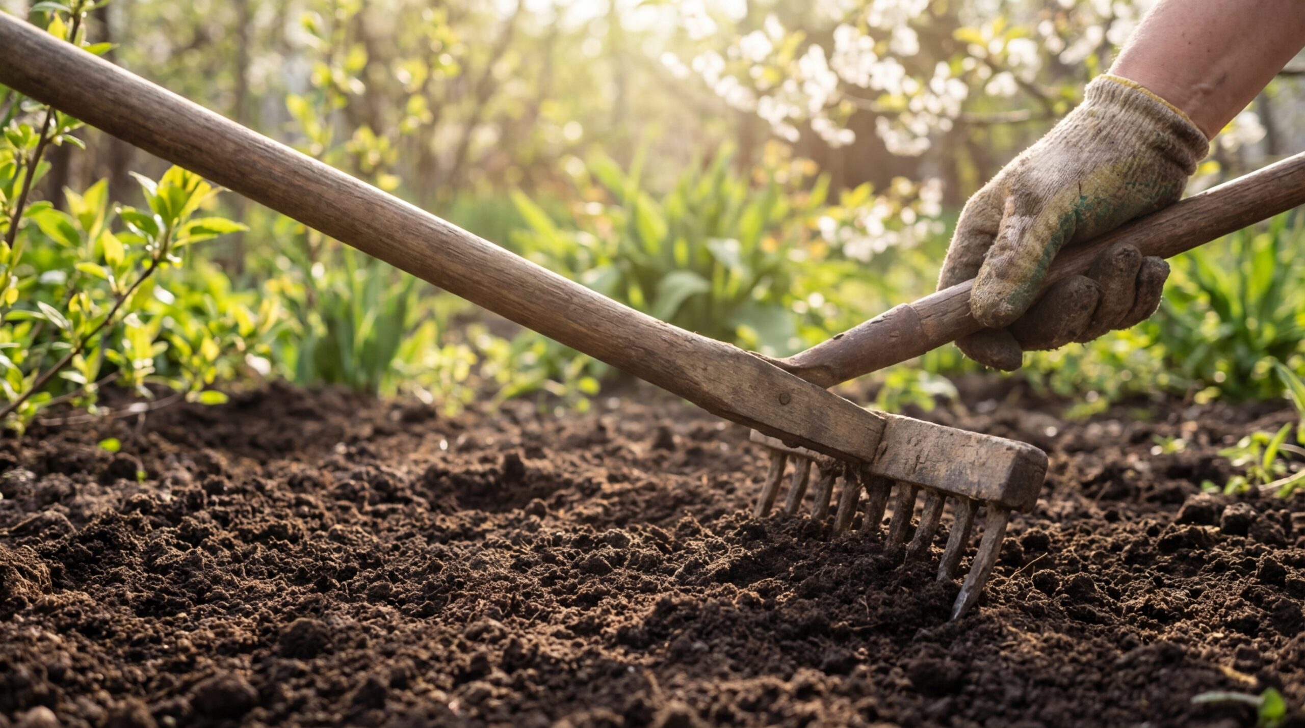 Feinplanum herstellen mit einer Holzharke auf vorbereiteter Gartenerde