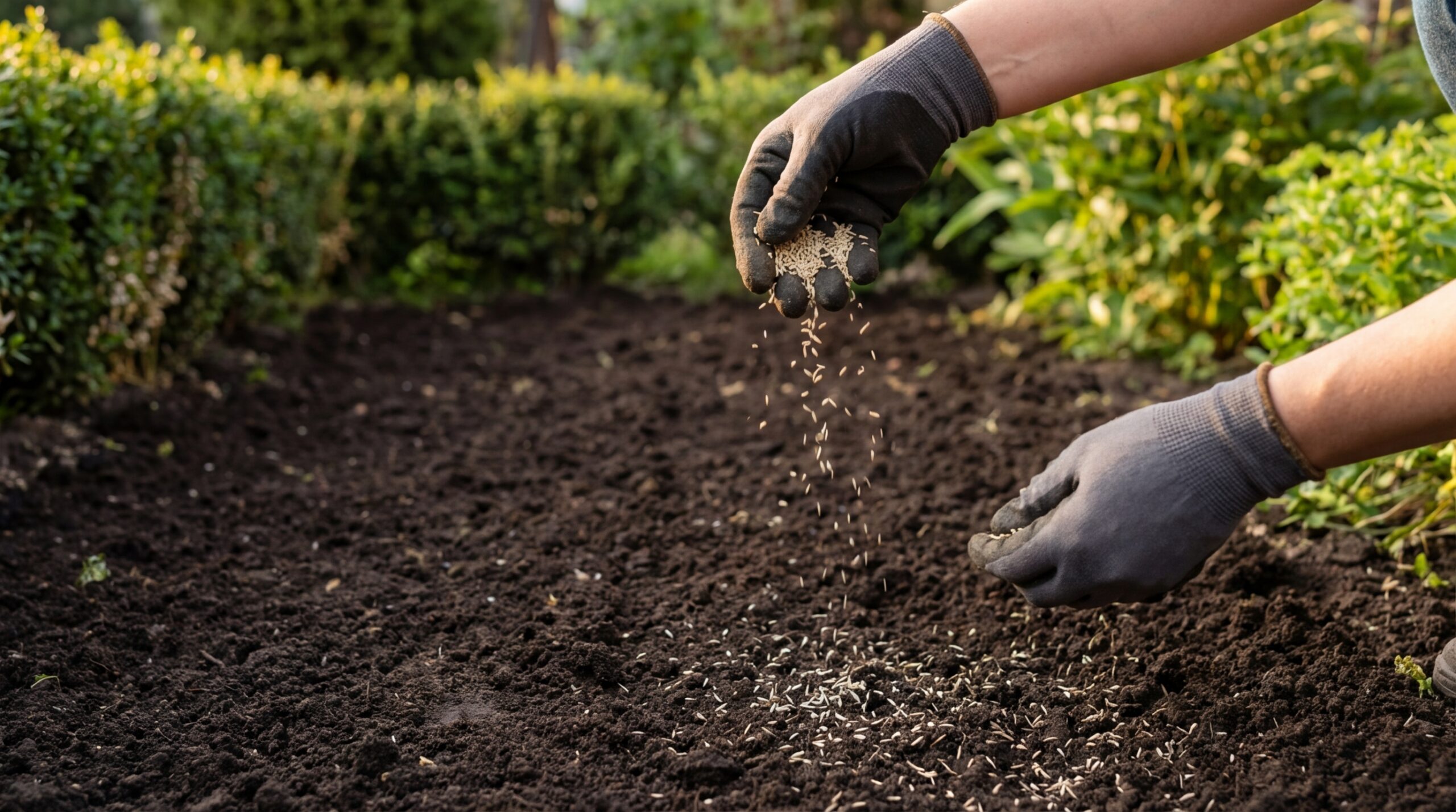 Rasensamen werden gleichmäßig von Hand auf vorbereiteten Boden ausgestreut