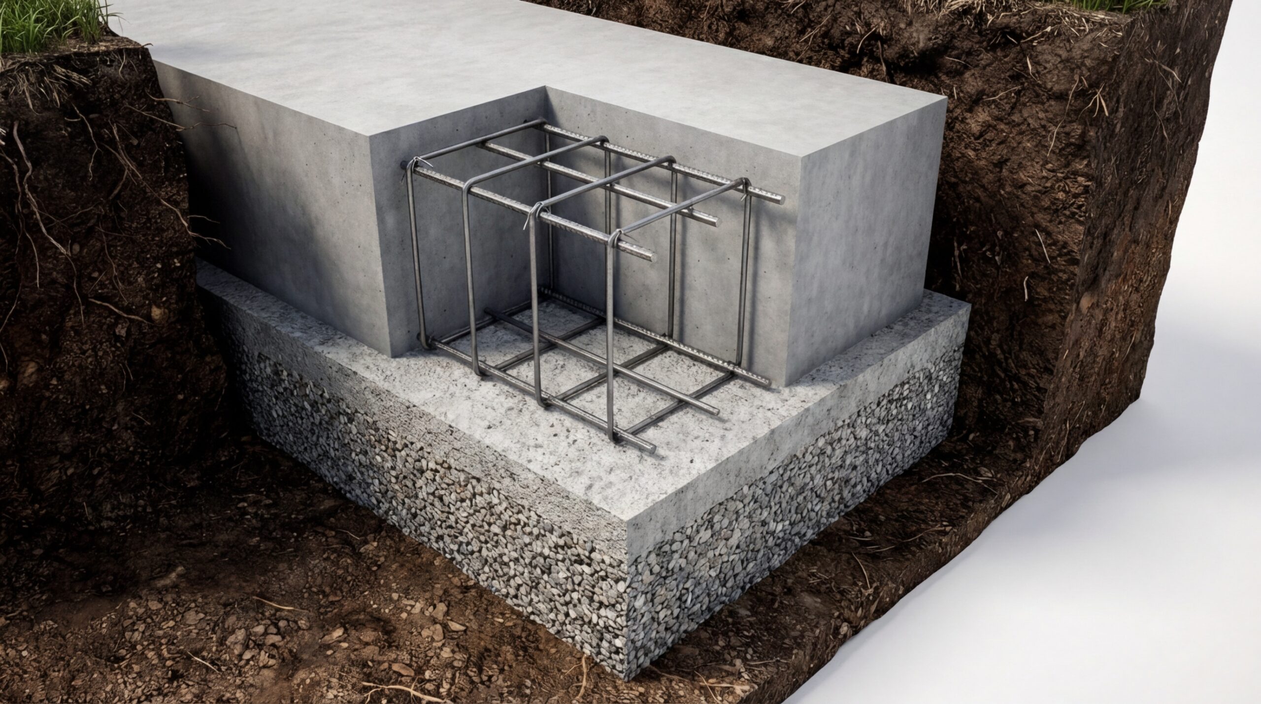 Querschnitt eines Streifenfundaments mit Schotter, Sauberkeitsschicht, Bewehrung und Betonkörper