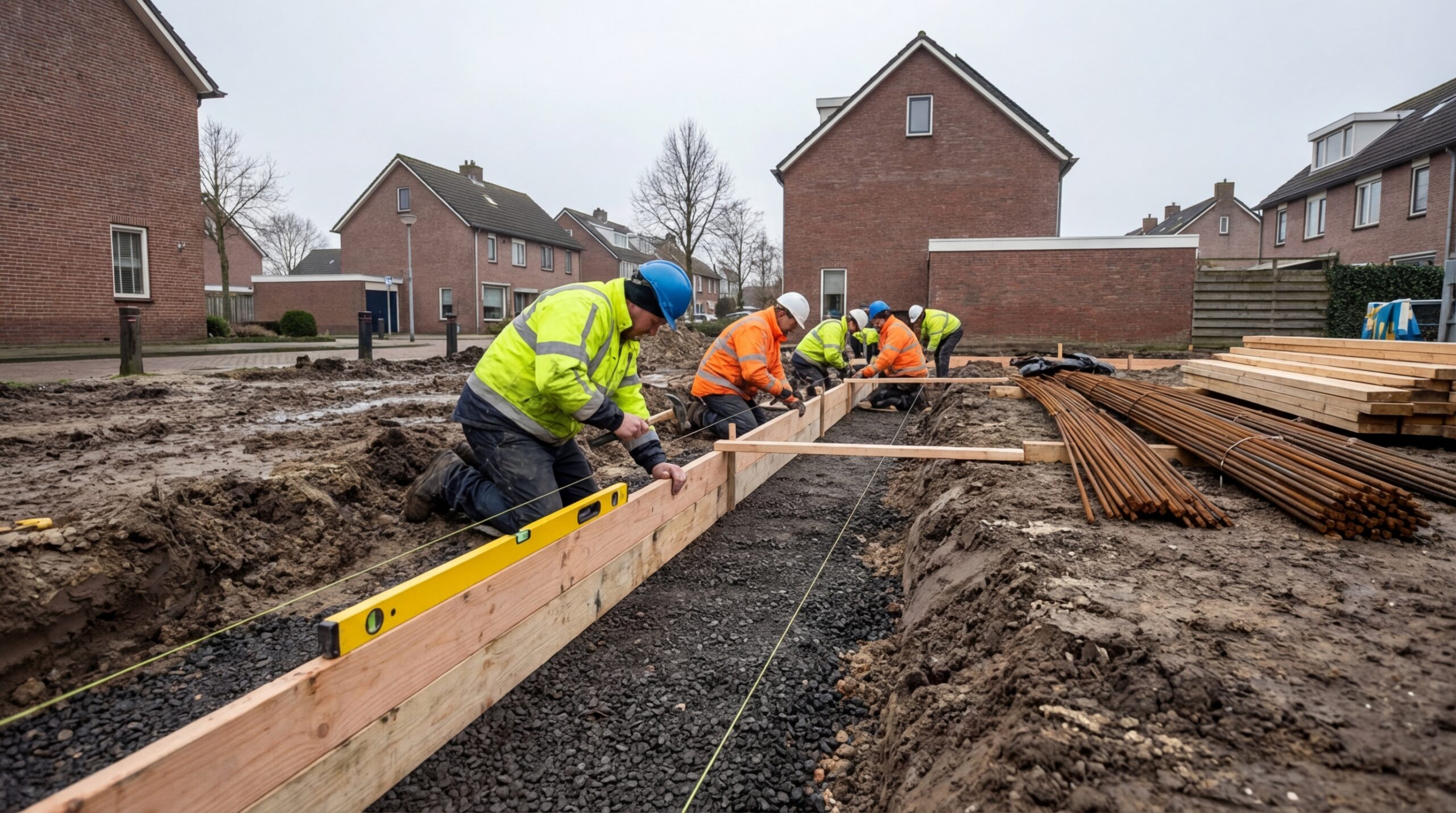 Schalung und Bewehrung beim Bau eines Streifenfundaments auf der Baustelle
