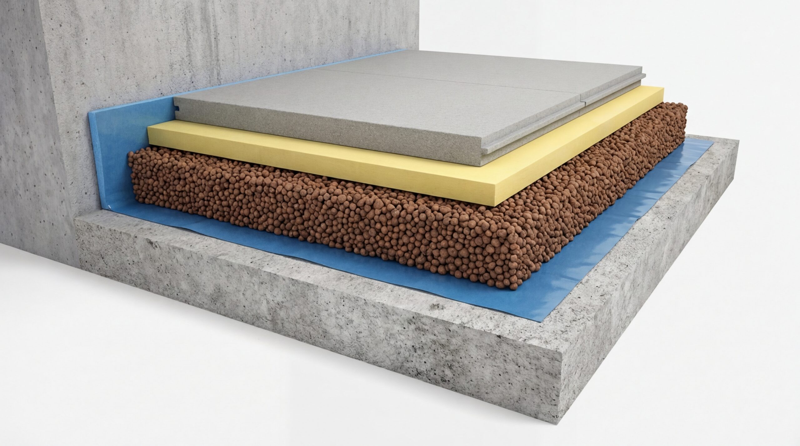 Schichtaufbau Trockenestrich im Querschnitt mit Dampfsperre, Schüttung, Dämmung und Estrichplatte