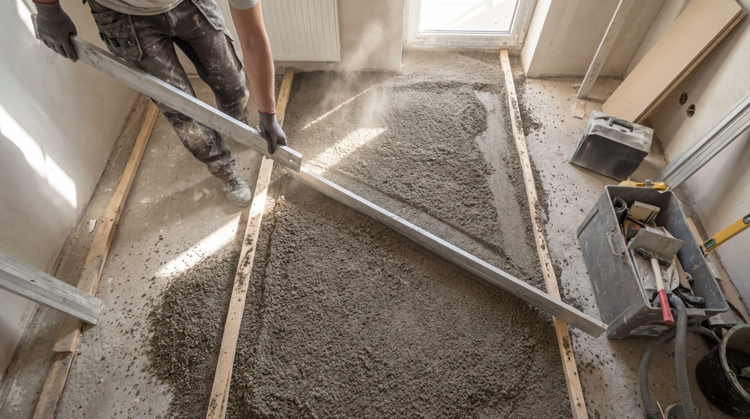 Ausgleichsschüttung für Trockenestrich wird mit Abziehlatte nivelliert