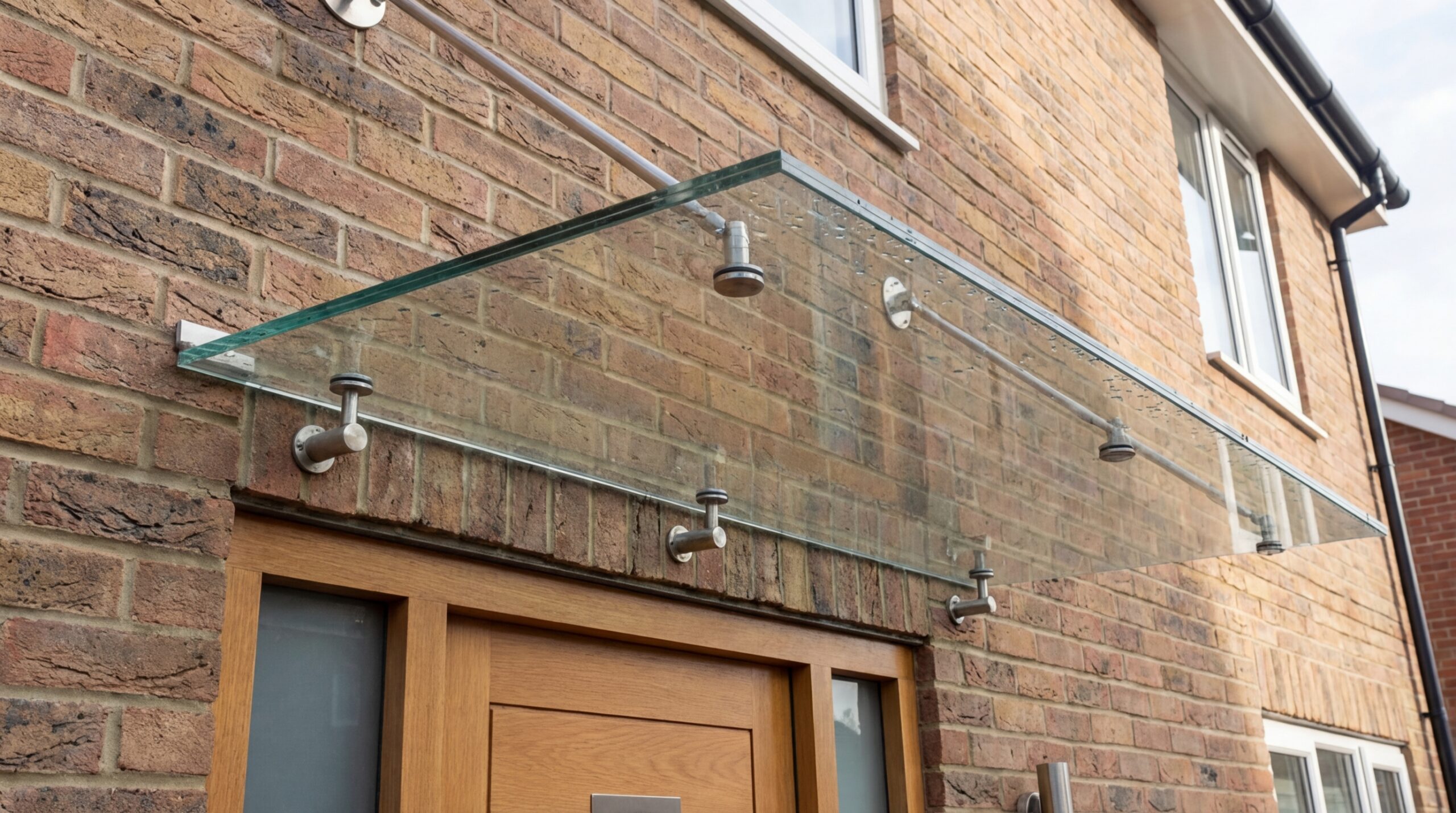 Glasvordach mit Edelstahl-Zugstreben an einer modernen Hausfassade