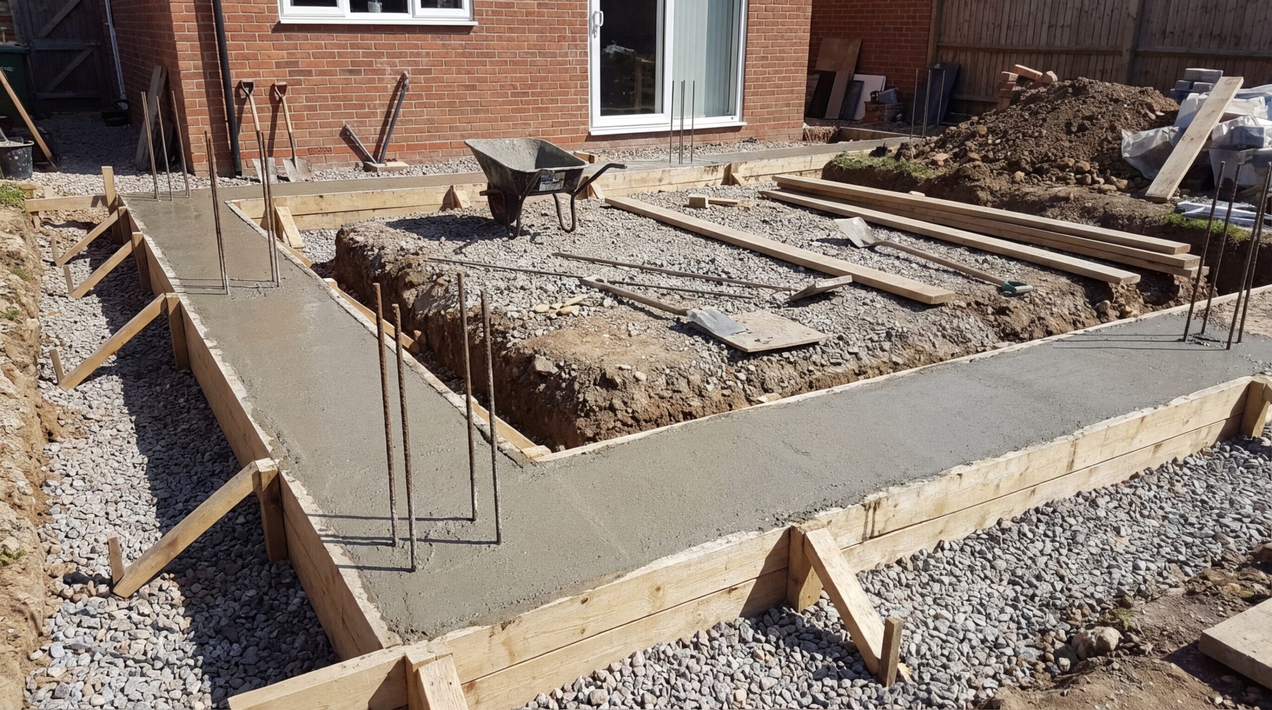 Streifenfundament als Basis fuer einen Wintergarten im Bauzustand