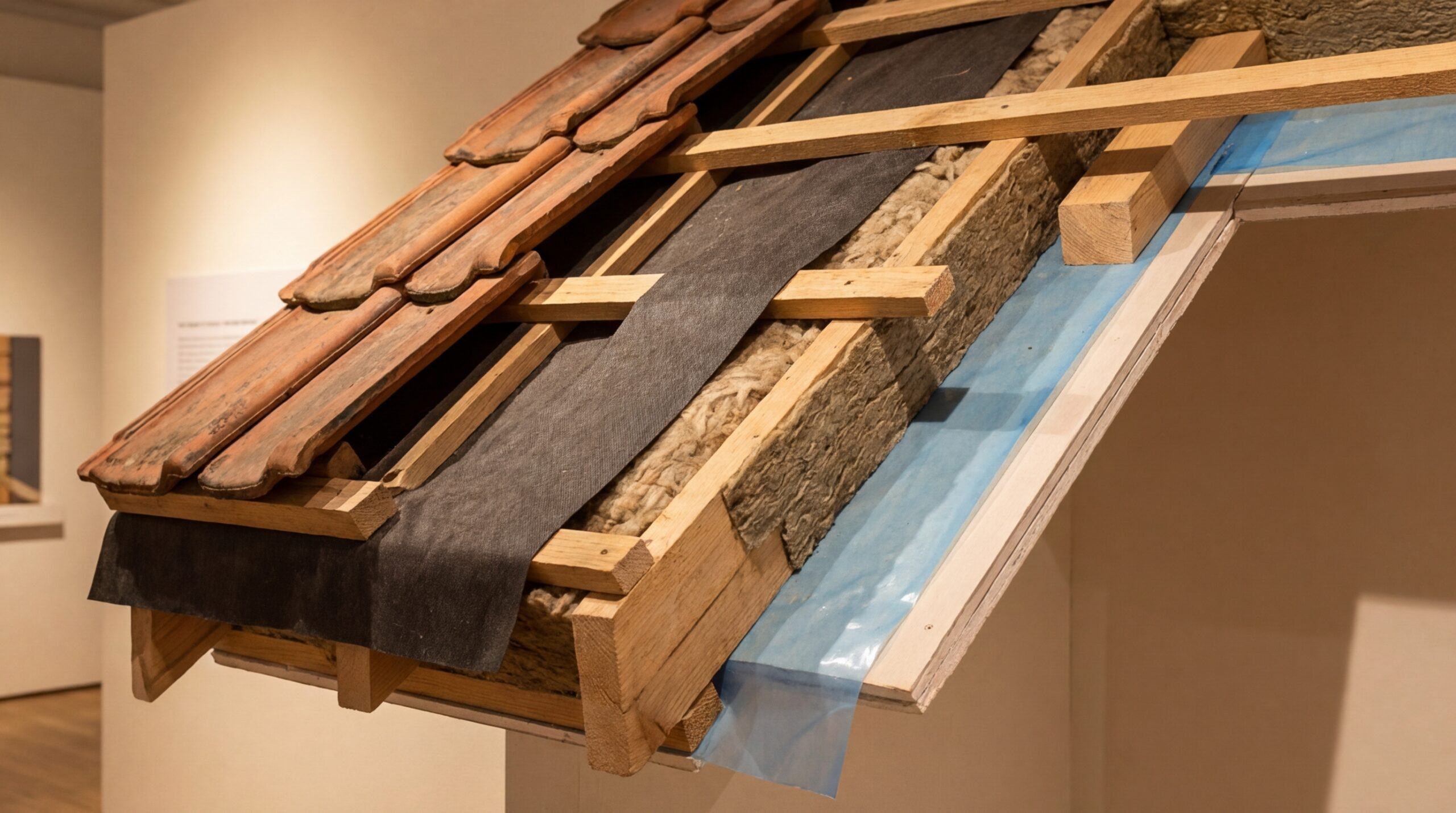 Schichtaufbau einer Zwischensparrendämmung im Steildach mit Unterspannbahn, Dämmstoff und Dampfbremse