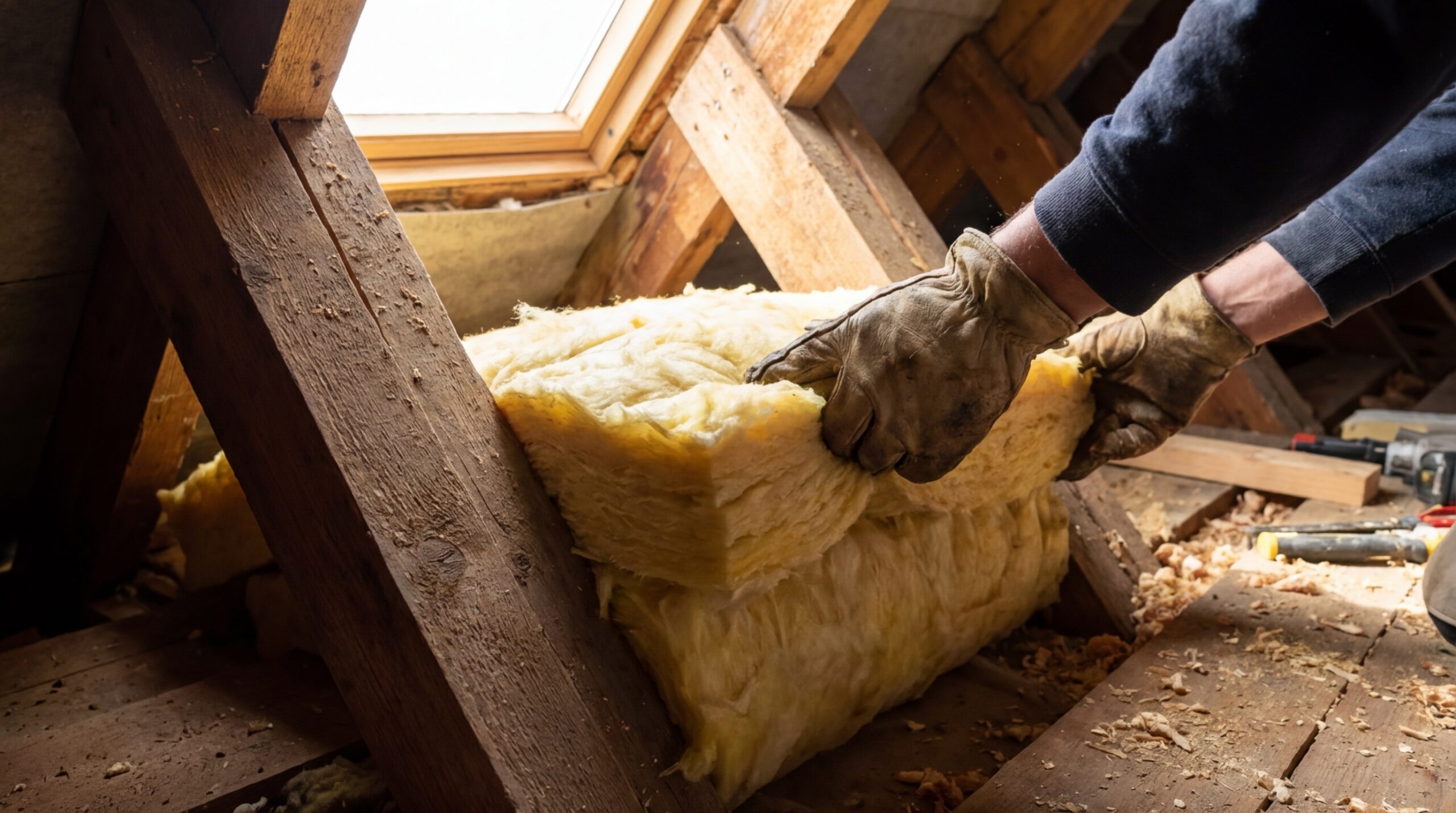 Einbau von Klemmfilz-Dämmung zwischen Dachsparren bei einer Zwischensparrendämmung