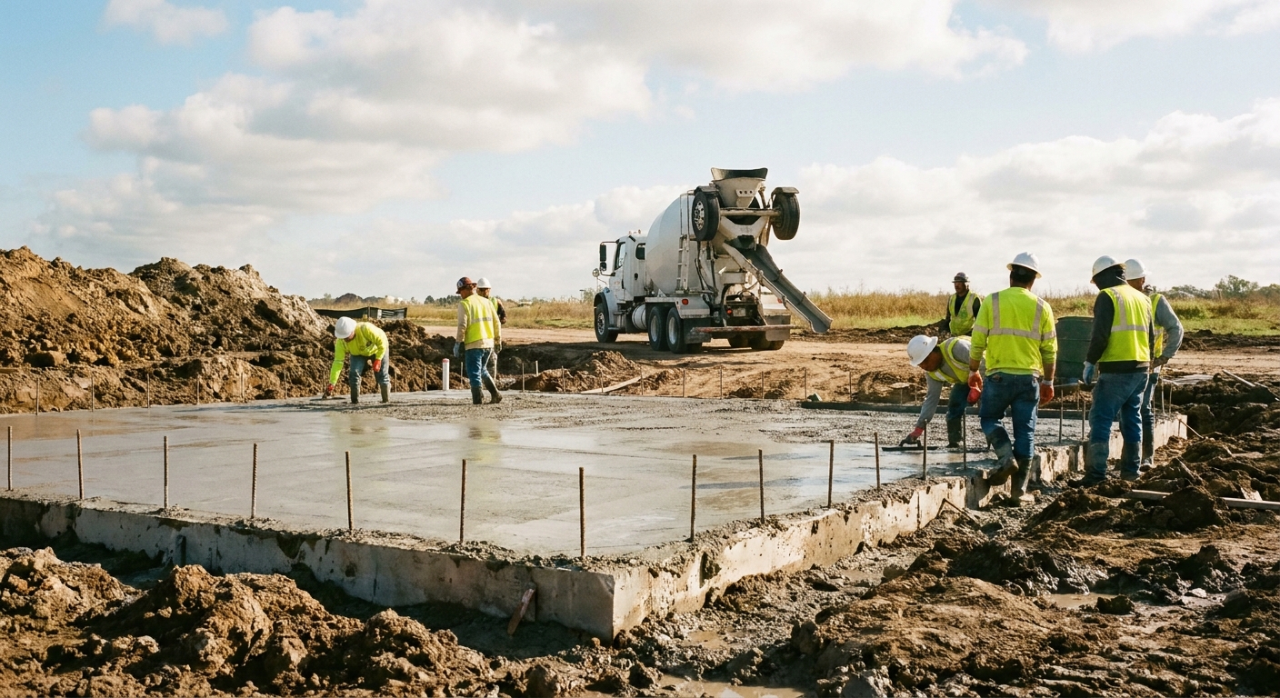 Bodenplatte eines Einfamilienhauses kurz nach dem Betonieren