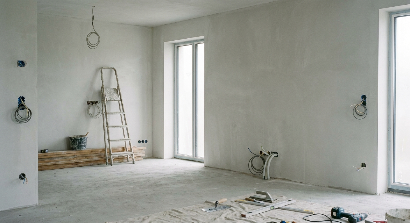 Innenausbau eines Einfamilienhauses mit verputzten Waenden und Estrich