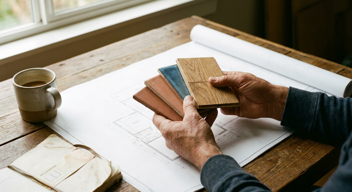 Fliesen- und Bodenbelagsmuster auf einem Grundriss am Bemusterungstermin