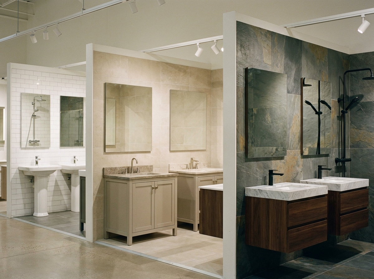 Sanitärausstellung mit verschiedenen Armaturen und Waschbecken zum Vergleich