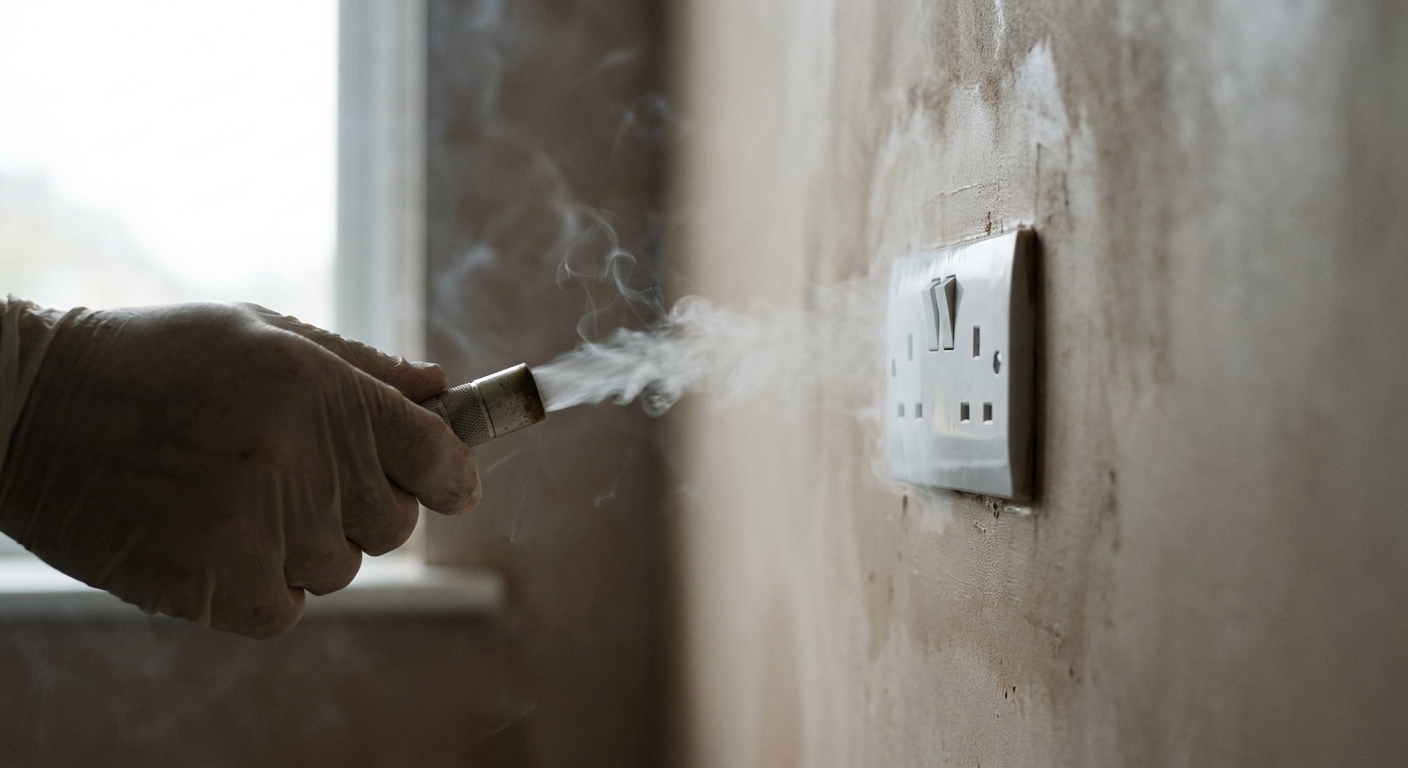 Leckageortung an einer Steckdose mit Nebelgenerator beim Blower Door Test