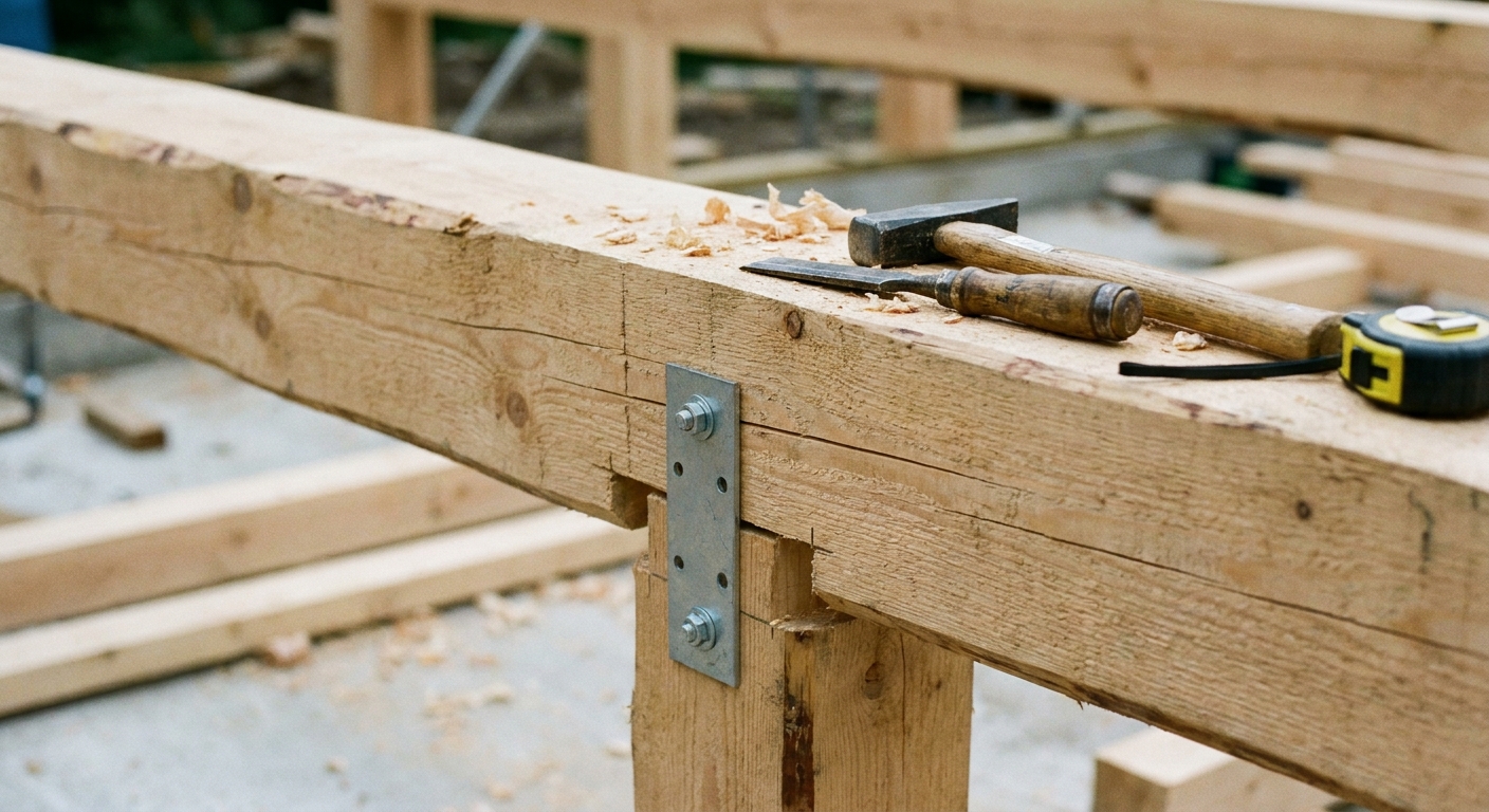 Detail eines Pfettendachstuhls mit Mittelpfette und Stütze aus Fichtenholz