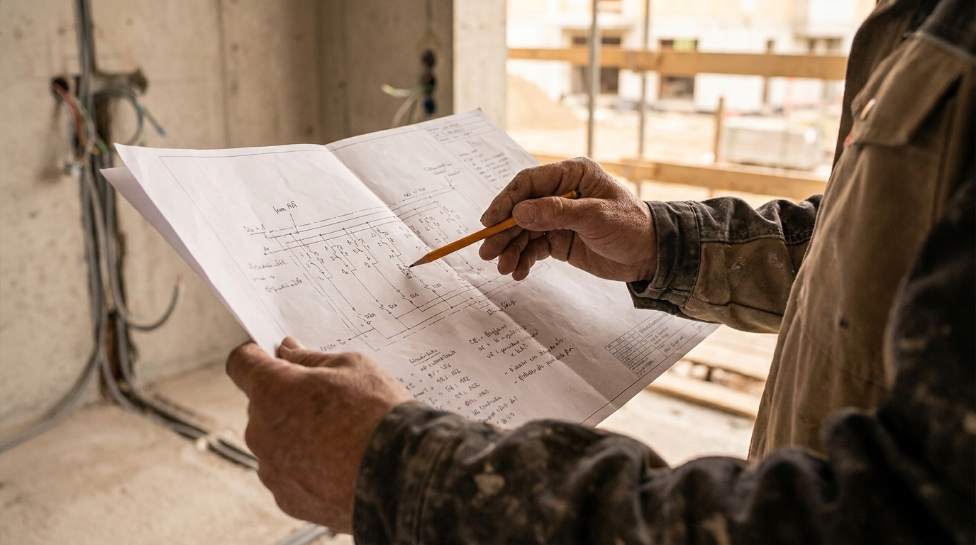 Elektroplaner mit Installationsplan auf einer Baustelle im Rohbau