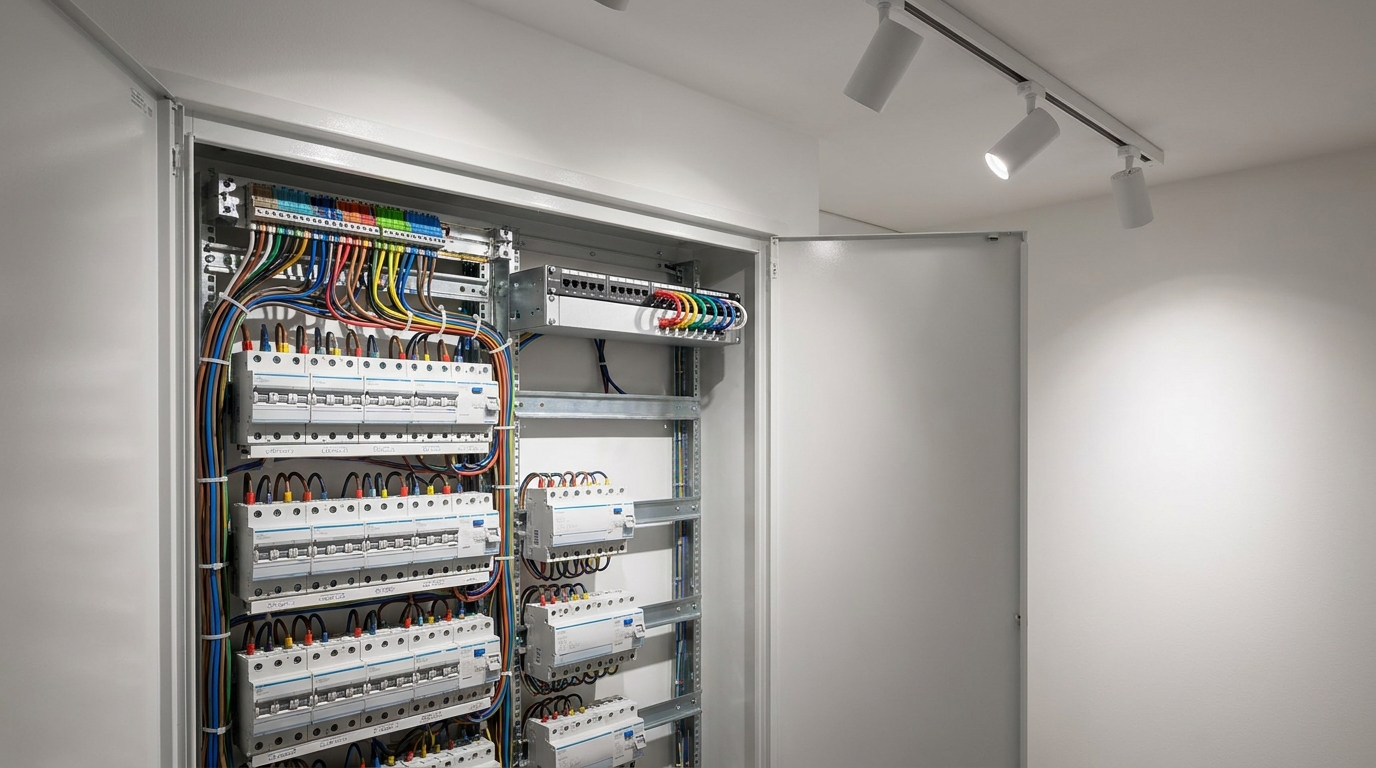 Geöffneter Verteilerkasten mit Leitungsschutzschaltern, FI-Schaltern und Netzwerk-Patchfeld