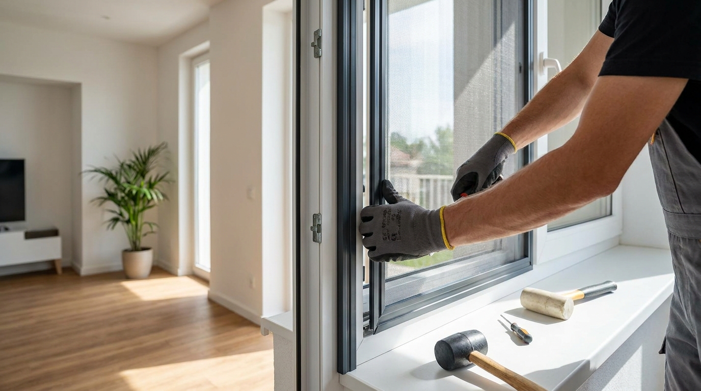 Montage eines Spannrahmen-Fliegengitters in einem Kunststoff-Fensterrahmen