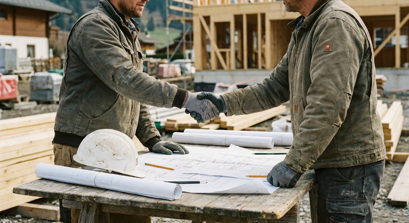 Vertragsabschluss zwischen Bauherr und Generalunternehmer auf der Baustelle