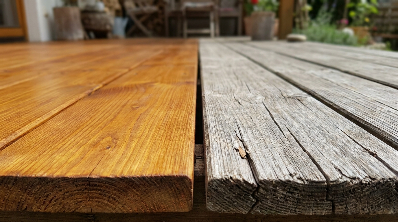 Direkter Vergleich zwischen geölter und vergrauter Holzterrasse