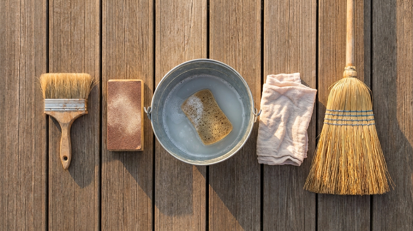 Werkzeug und Material für die Holzterrassen-Pflege im Überblick