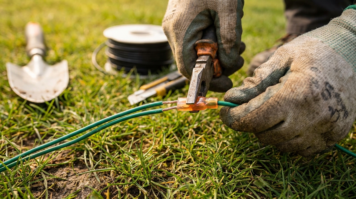 Reparatur eines gebrochenen Begrenzungskabels mit wasserdichtem Gel-Verbinder