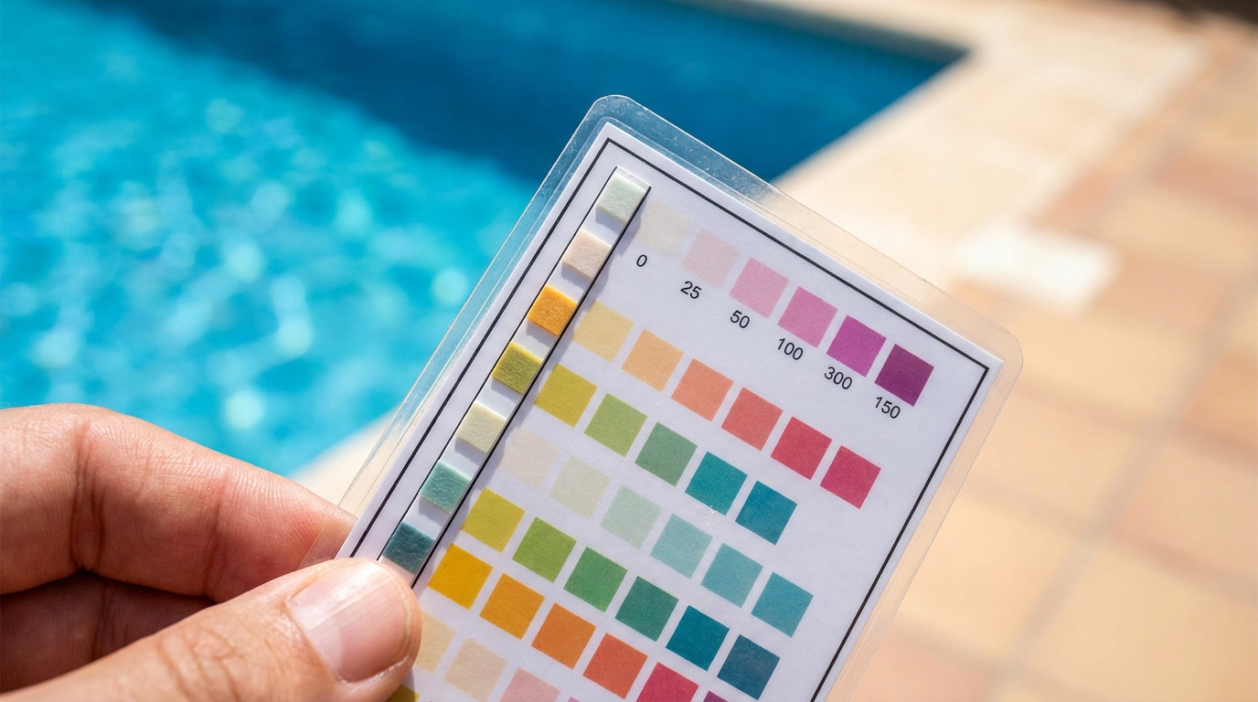 Poolwasser-Test mit Teststreifen und Farbvergleichsskala am Beckenrand