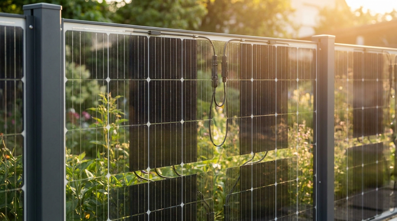Bifaziale Glas-Glas-Solarmodule als Zaunelemente zwischen Stahlpfosten montiert