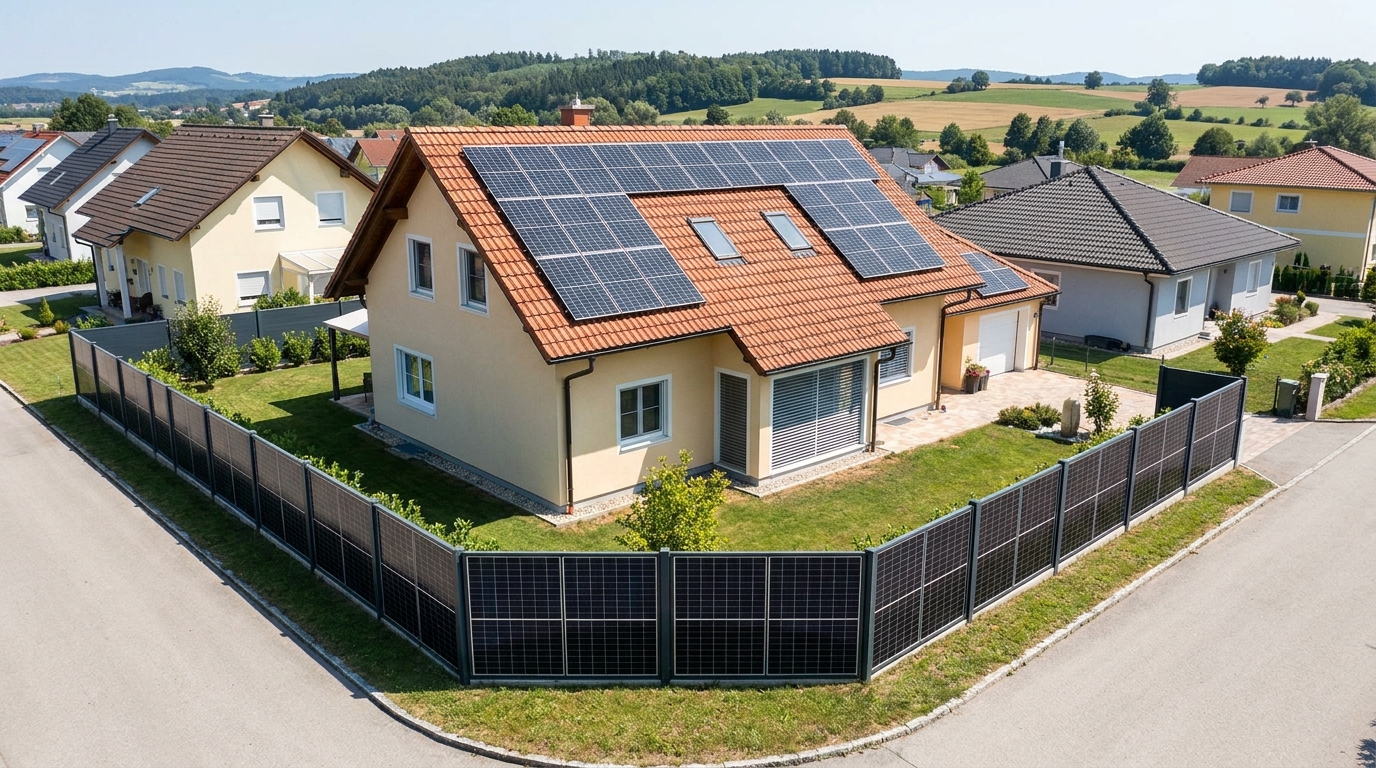 Einfamilienhaus mit Dach-Photovoltaik und ergänzendem PV-Zaun am Grundstücksrand