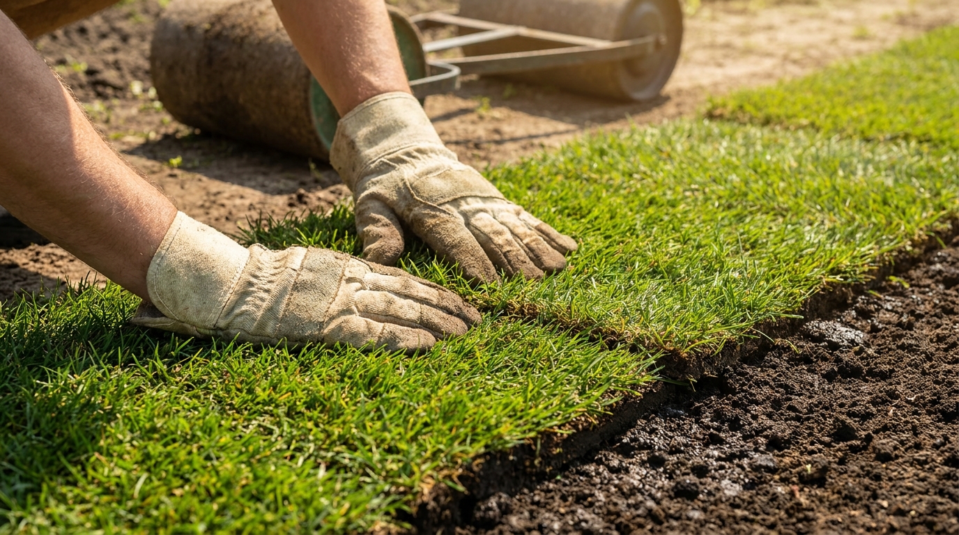Rollrasen-Bahnen werden an den Nähten fest zusammengedrückt