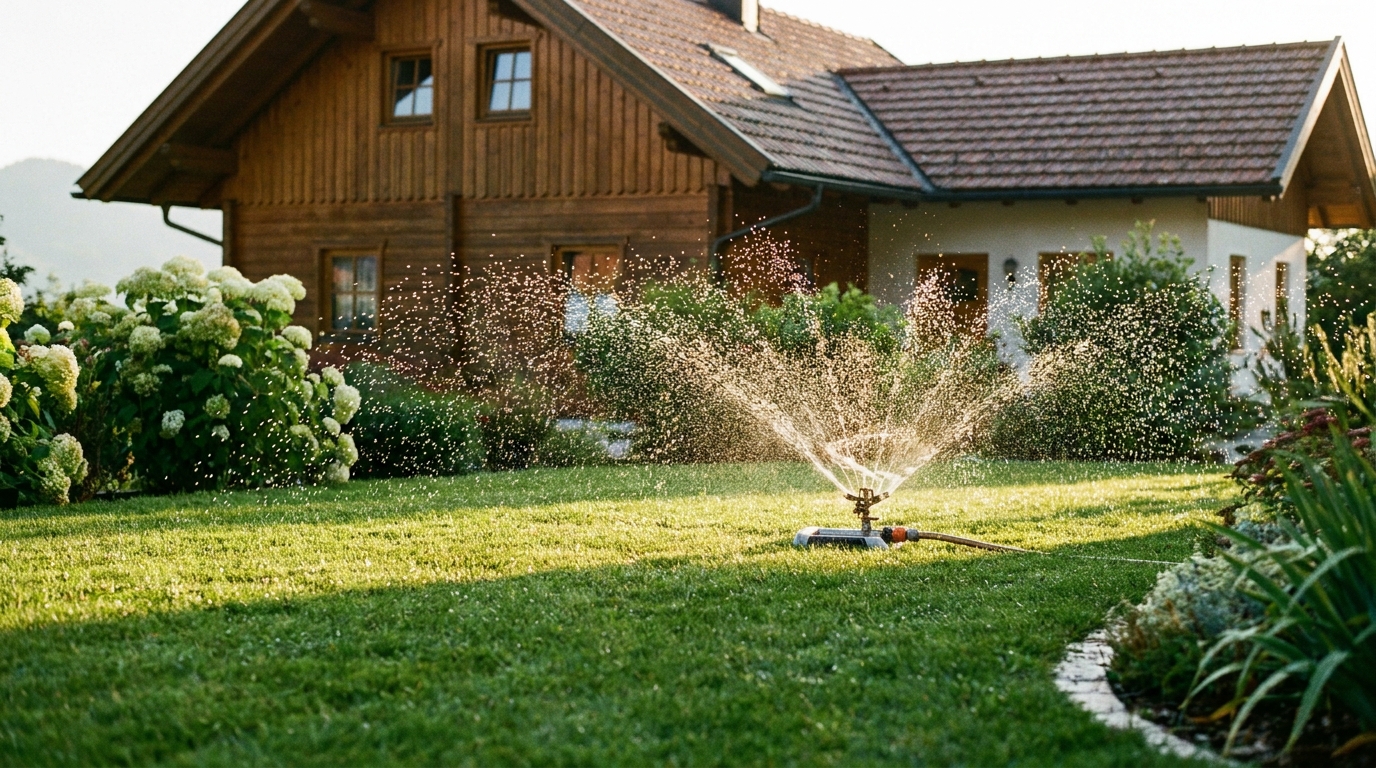 Frisch verlegter Rollrasen wird mit Rasensprenger intensiv bewässert