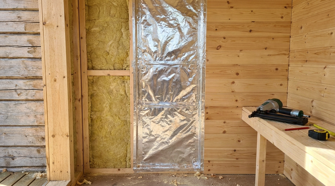 Schichtaufbau einer Saunawand mit Dämmung, Dampfsperre und Holzverkleidung