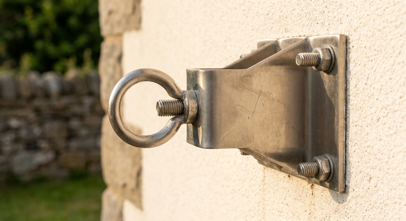 Edelstahl-Wandöse mit Ringschraube an verputzter Hauswand montiert